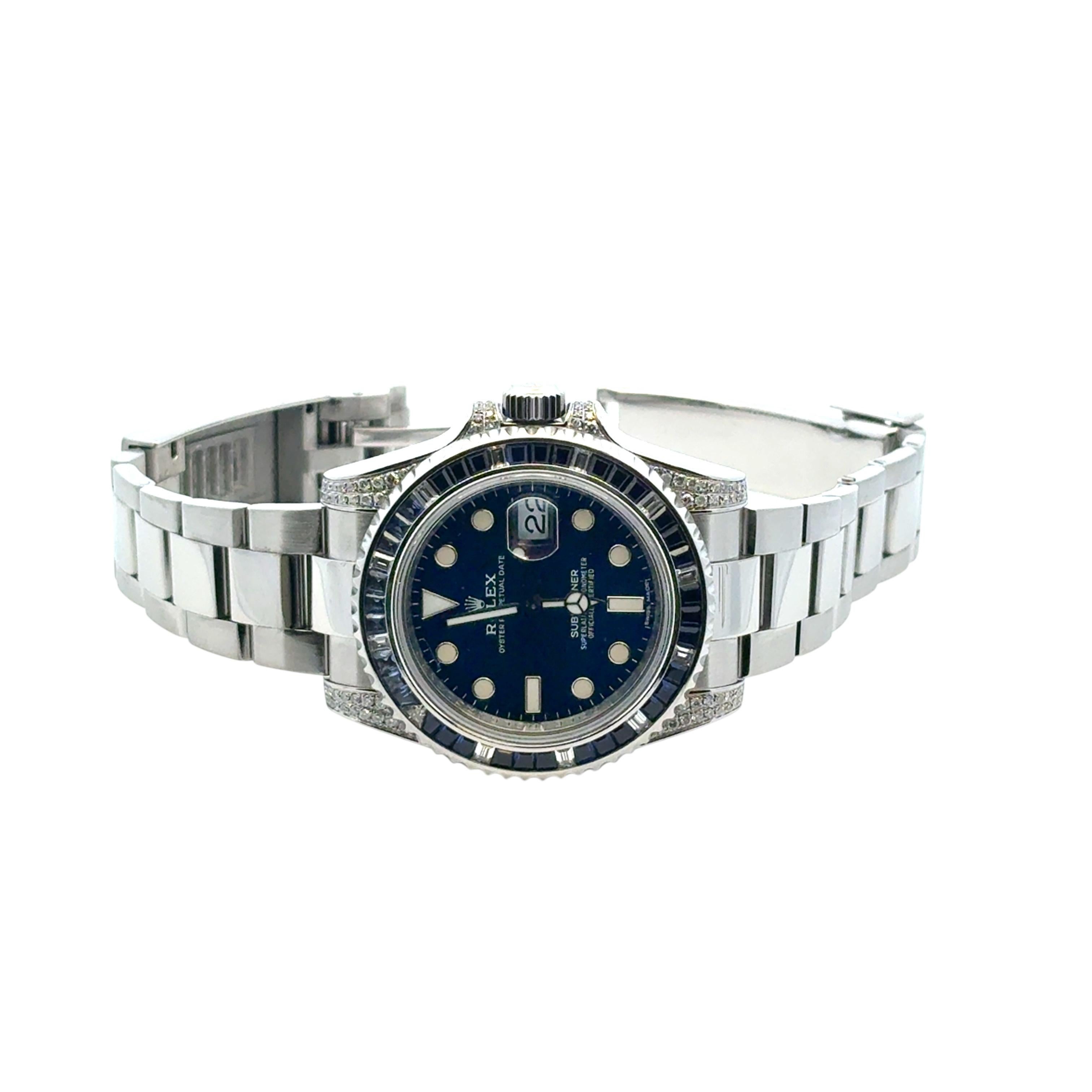 Rolex 116610 Submariner Watch with Aftermarket Blue Sapphires & Diamonds in vendita 12