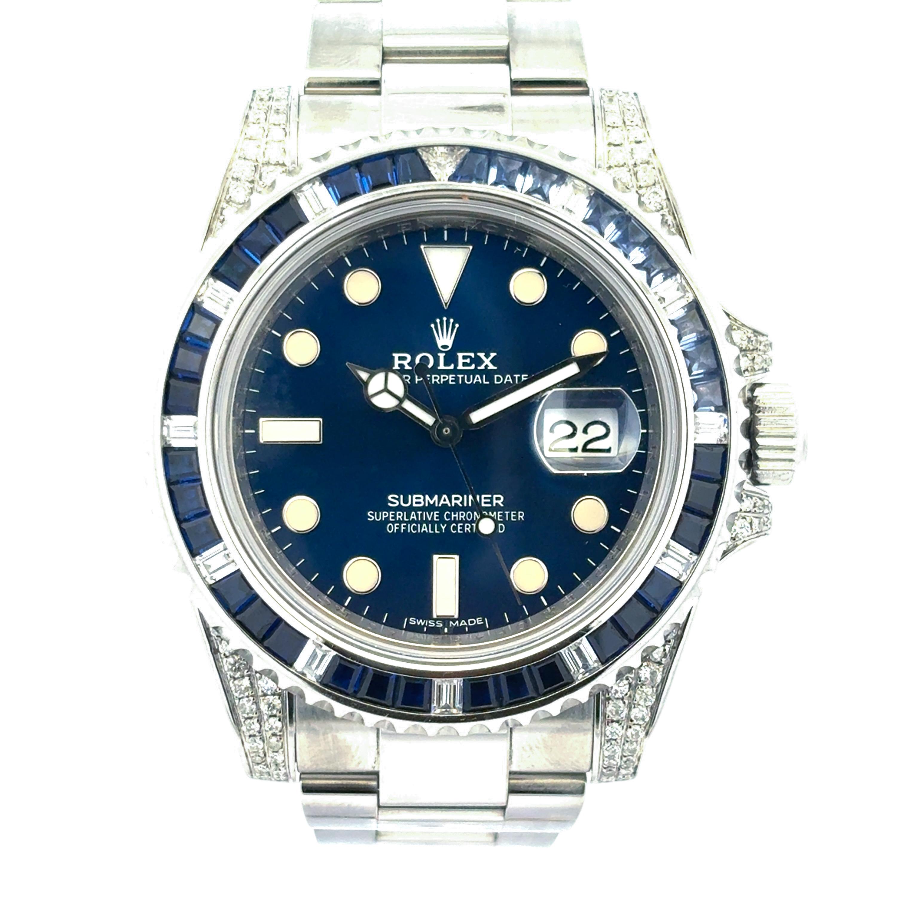 Taglio misto Rolex 116610 Submariner Watch with Aftermarket Blue Sapphires & Diamonds in vendita