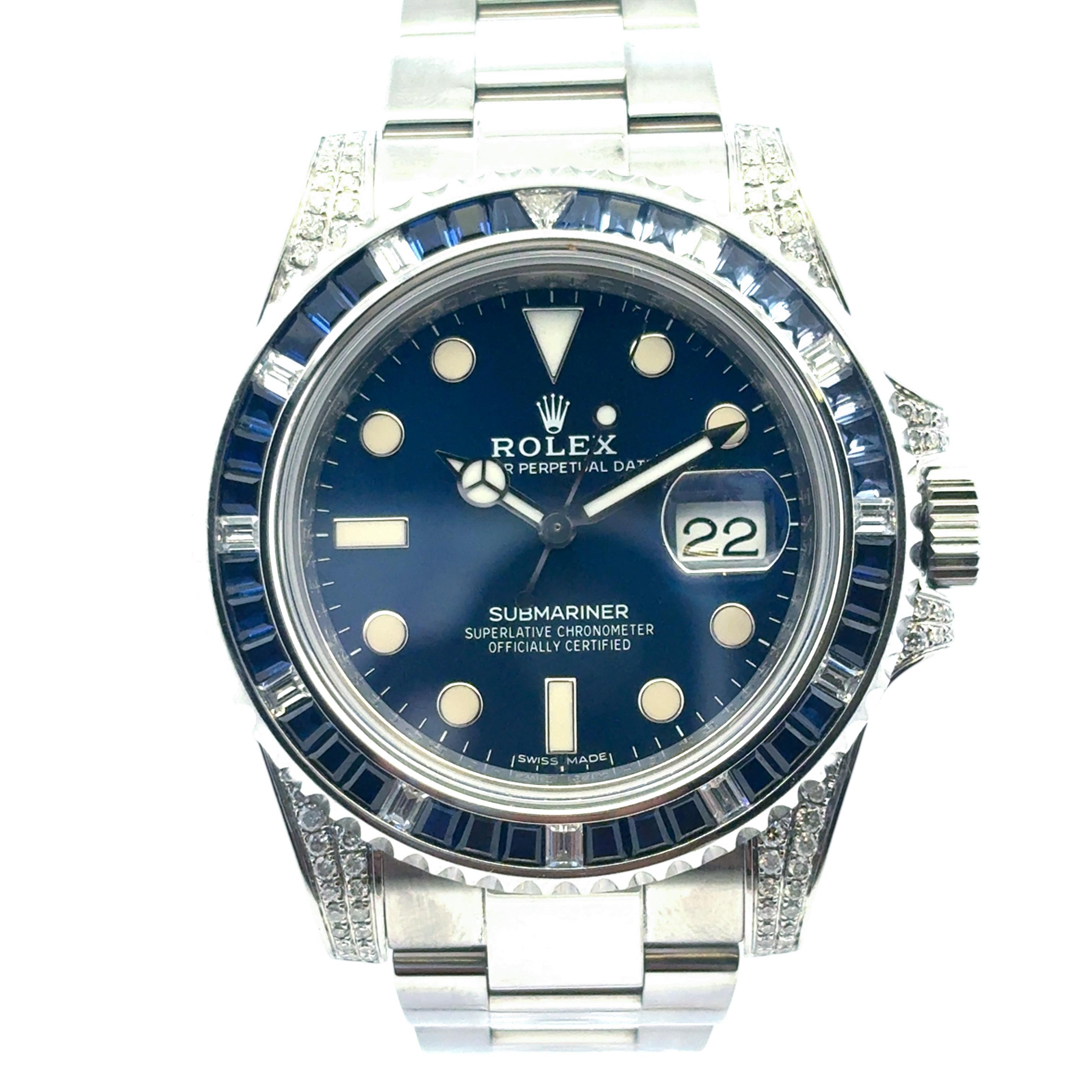 Rolex 116610 Submariner Watch with Aftermarket Blue Sapphires & Diamonds In condizioni ottime in vendita a Boca Raton, FL