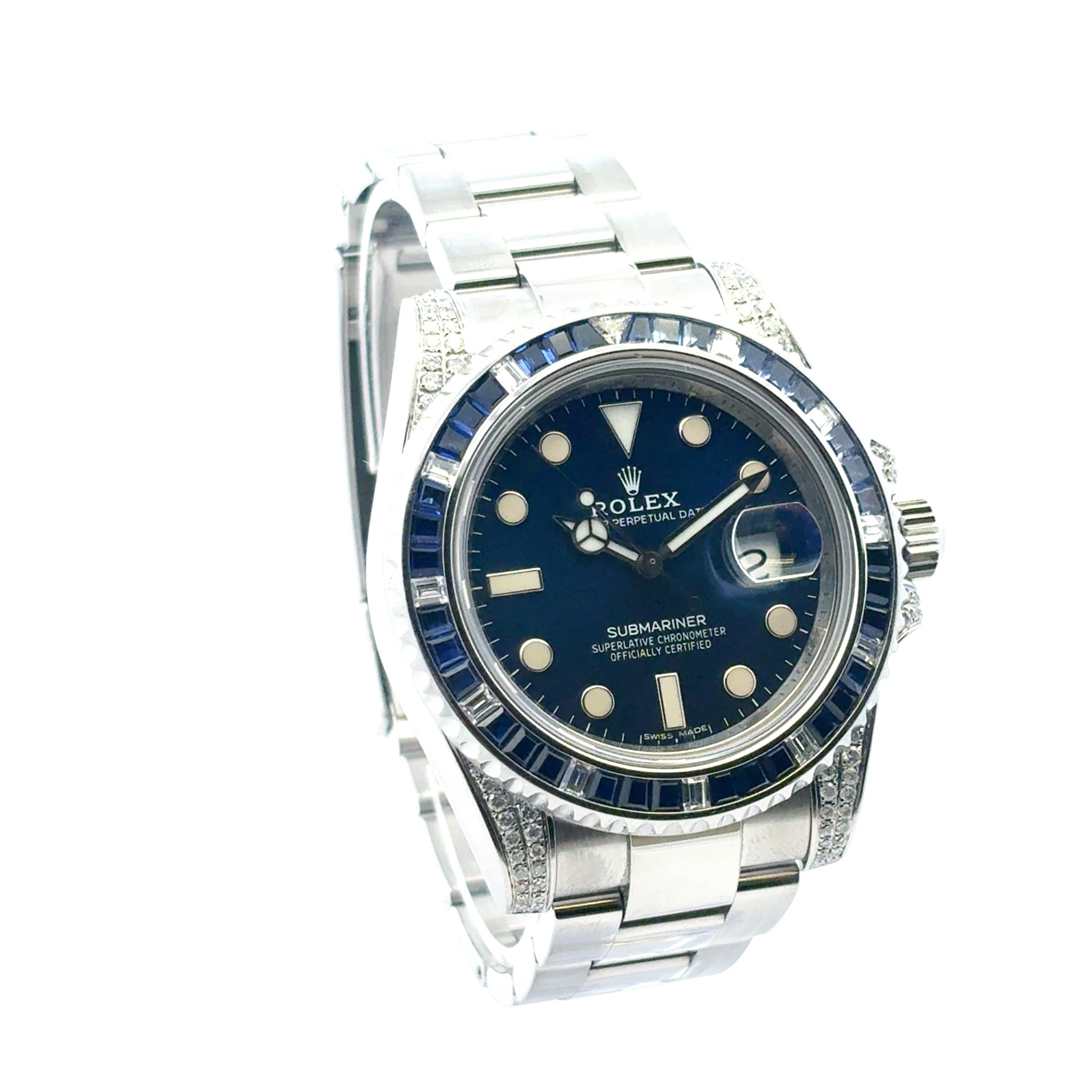 Rolex 116610 Submariner Watch with Aftermarket Blue Sapphires & Diamonds in vendita 1