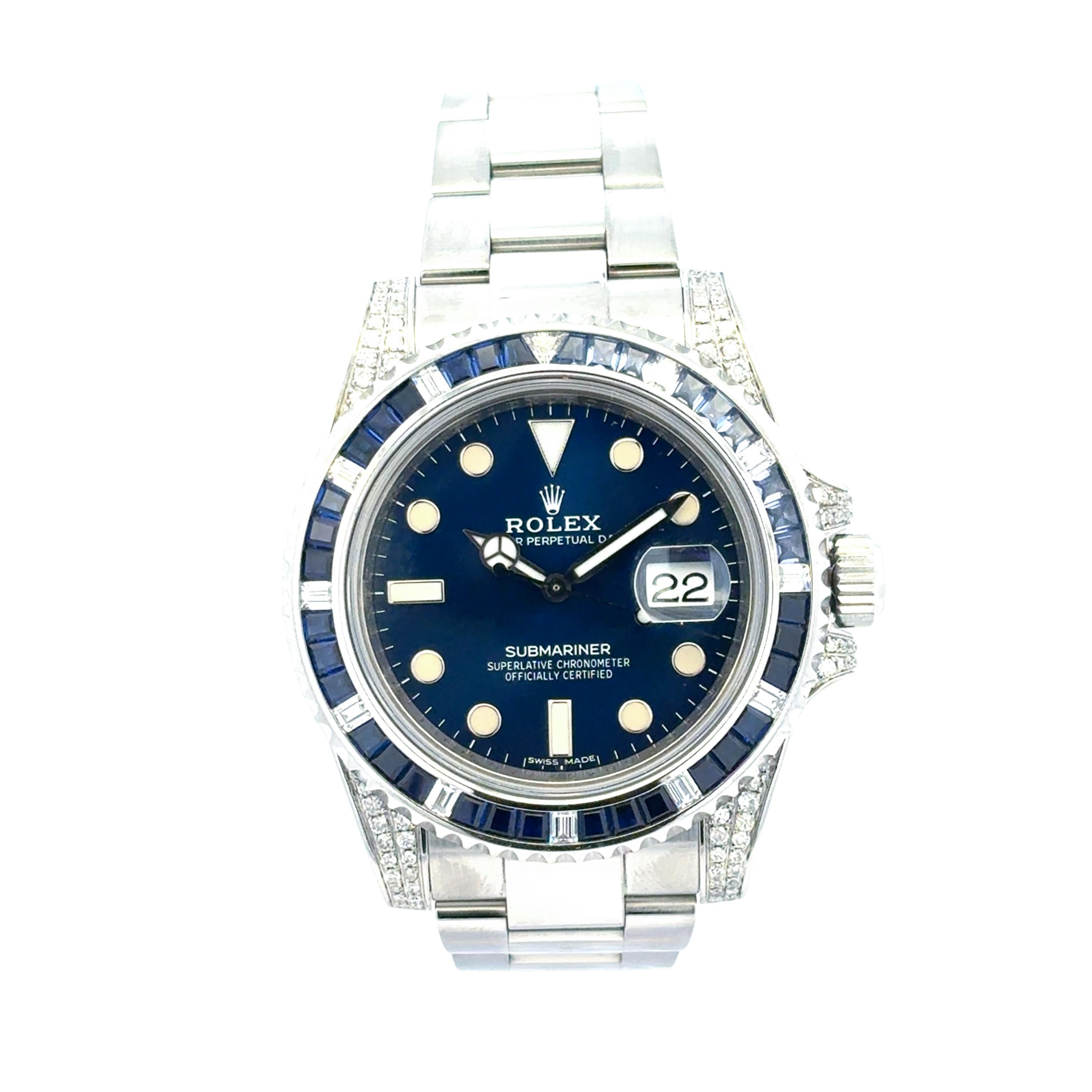 Rolex 116610 Submariner Watch with Aftermarket Blue Sapphires & Diamonds in vendita 2