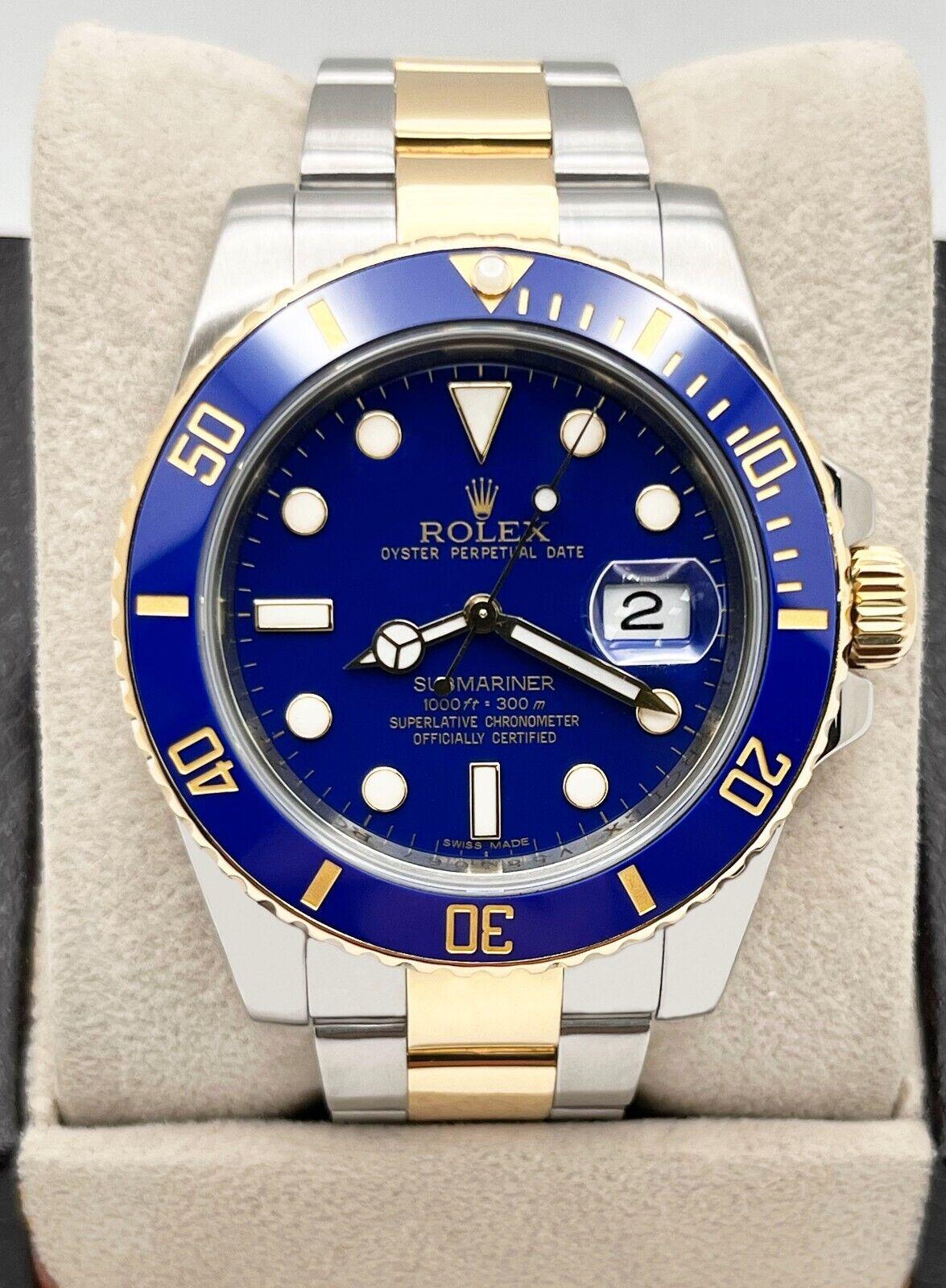 Rolex 116613 Submariner Blaues Zifferblatt Keramik 18K Gelbgold Edelstahl Box im Zustand „Hervorragend“ in San Diego, CA