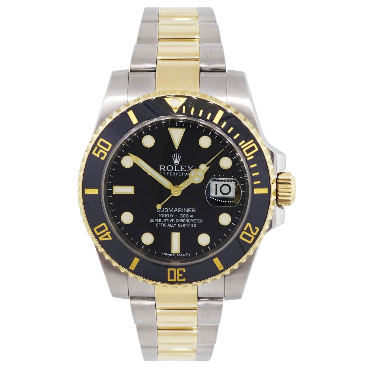 Brand: Rolex
Model: Submariner
MPN: 116613
Serial: “G” serial
Dial: Black dial
Bezel: Black ceramic bezel
Case Measurements: 40mm
Bracelet: Stainless steel and 18k yellow gold oyster band
Clasp: Fold Over Clasp
Movement: Automatic
Size: Will fit a