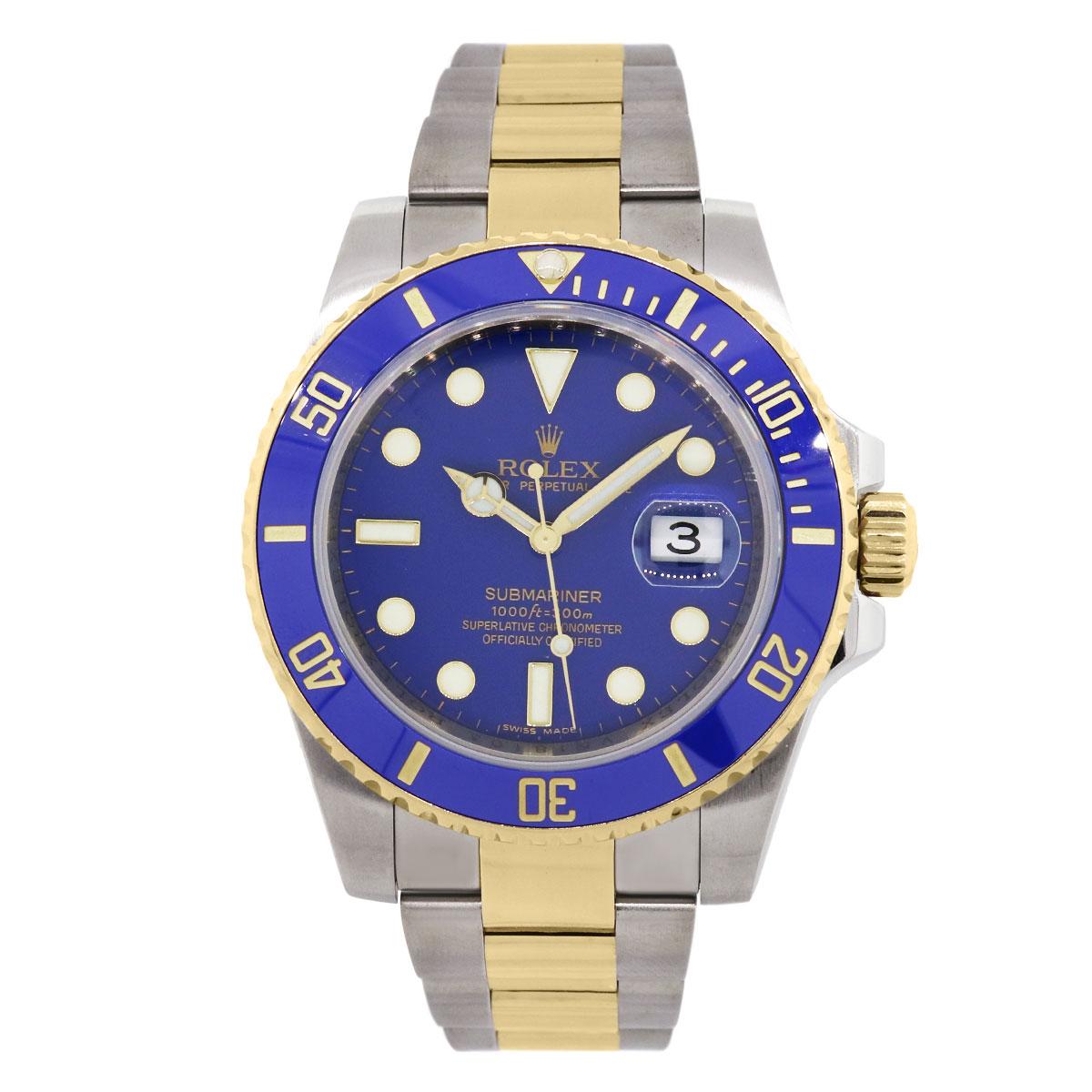 Brand: Rolex
MPN: 116613LB
Model: Submariner
Case Material: Stainless steel
Case Diameter: 40mm
Crystal: Scratch resistant sapphire
Bezel: Blue ceramic unidirectional bezel
Dial: Blue dial
Bracelet: 18k yellow gold and stainless steel oyster