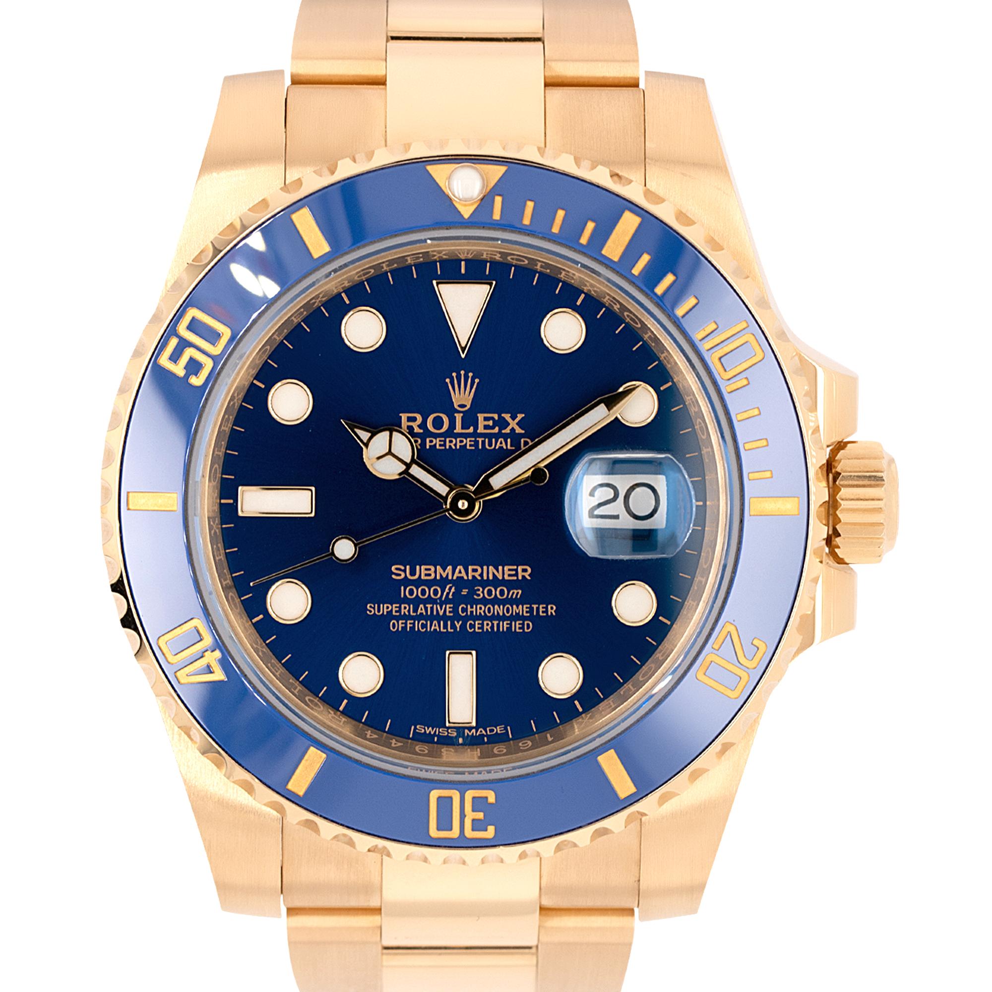 Brand: Rolex

MPN: 116618LB

Model: Submariner

Case Material: 18k yellow gold

Case Diameter: 40mm

Crystal: Scratch resistant sapphire

Bezel: Blue ceramic unidirectional rotating bezel

Dial: Blue dial with yellow gold luminescent hands and hour