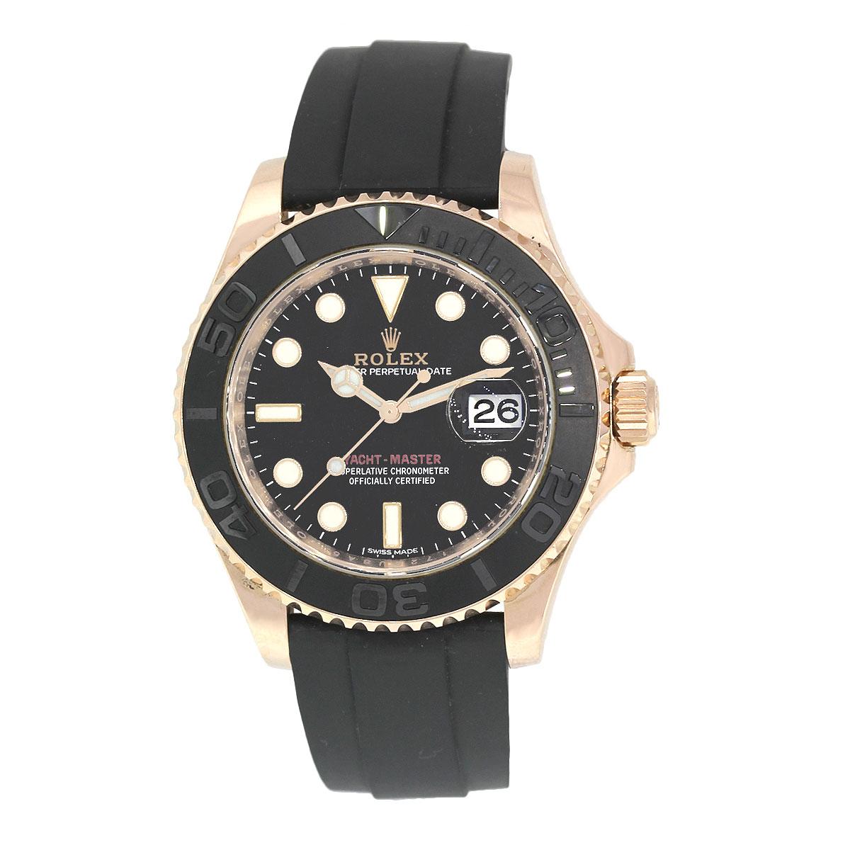 Brand: Rolex
MPN: 116655
Model: Yachtmaster
Case Material: 18k Rose Gold
Case Diameter: 40mm
Crystal: Sapphire crystal
Bezel: Black ceramic bezel
Dial: Black dial with luminescent hour markers. Date can be found at 3 o’Clock
Bracelet: Black rubber