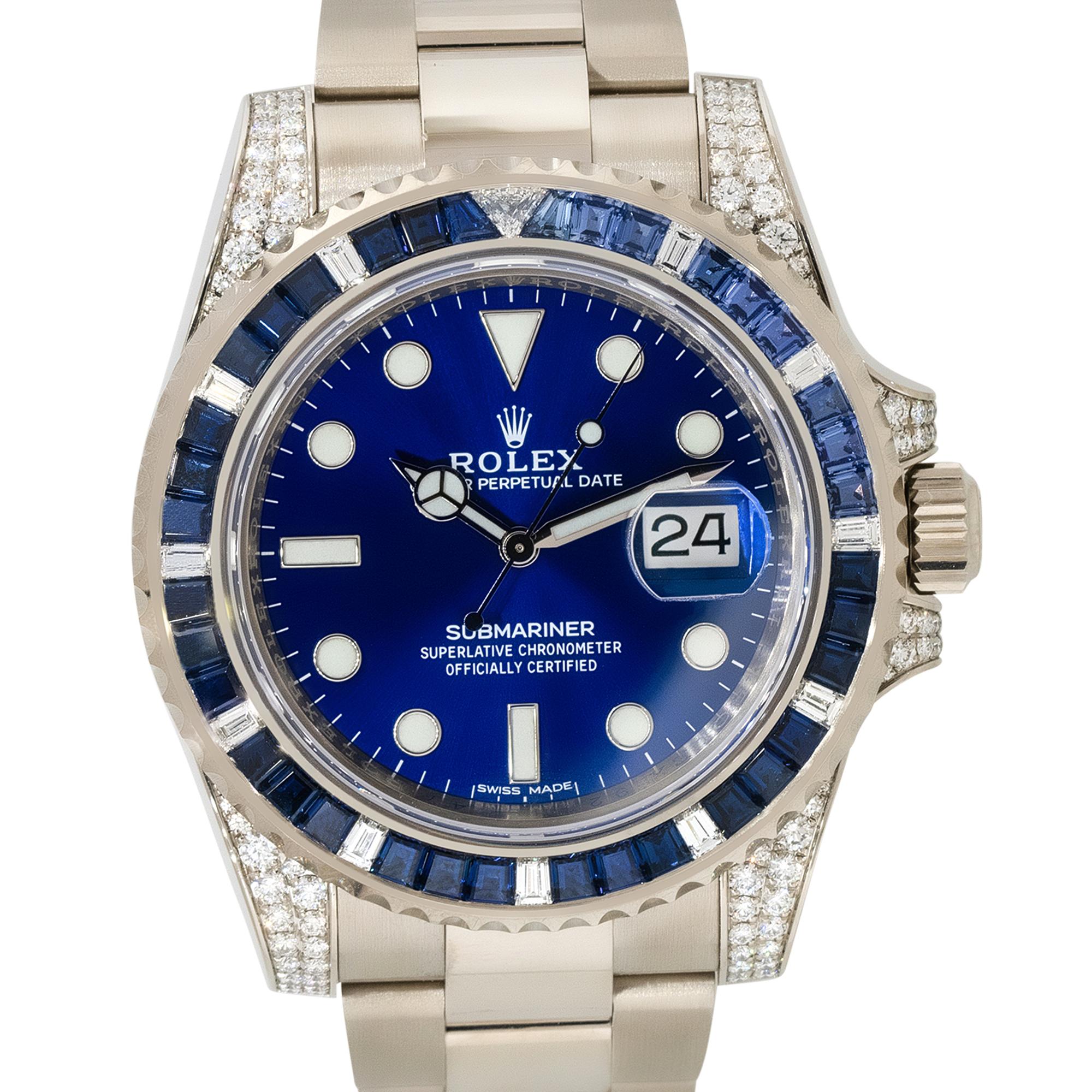 Brand: Rolex
MPN: 116659SABR
Model: Submariner
Case Material: 18k White Gold with Diamonds
Case Diameter: 40mm
Crystal: Sapphire crystal 
Bezel: Unidirectional 18k white gold bezel with sapphire stones
Dial: Blue dial with luminescent hands and hour