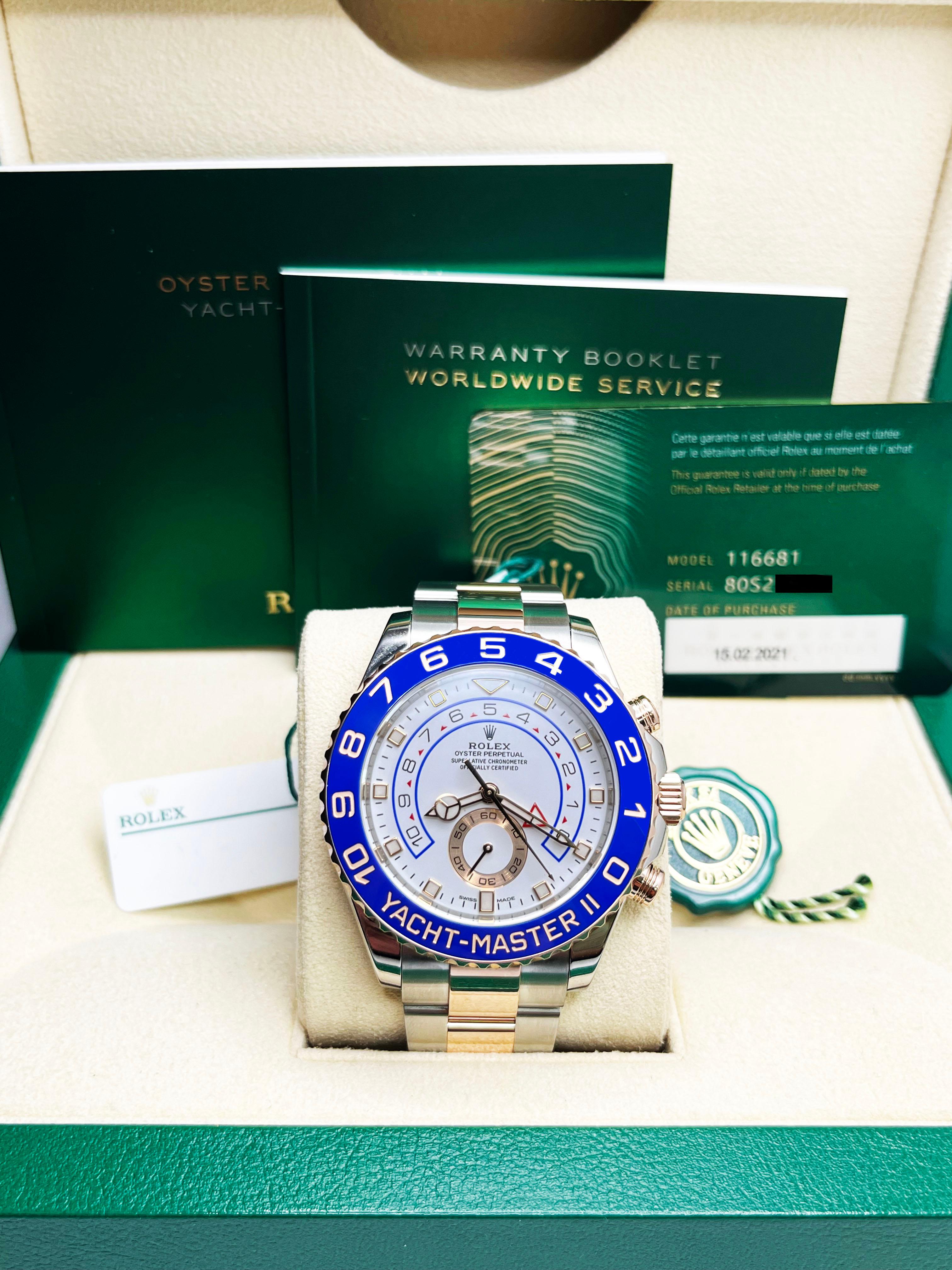 Número de estilo: 116681



De serie: 80S27***



Año: 2021

 

Model: Yacht-Master II

 

Material de la caja: Acero inoxidable

 

Pulsera: Oro rosa de 18 quilates y acero inoxidable

 

Bisel: Cerámica azul

 

Esfera: Blanca

 

Cara: Cristal de