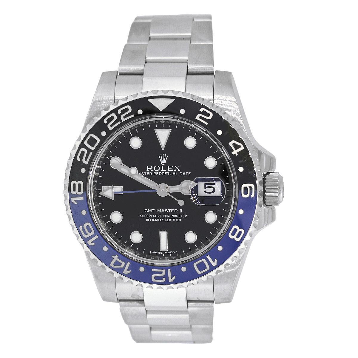 Brand: Rolex
MPN: 116710
Model: Master GMT II “Batman”
Case Material: Stainless steel
Case Diameter: 40mm
Crystal: Sapphire crystal
Bezel: Unidirectional black and blue ceramic bezel
Dial: Black dial with luminescent hour markers and