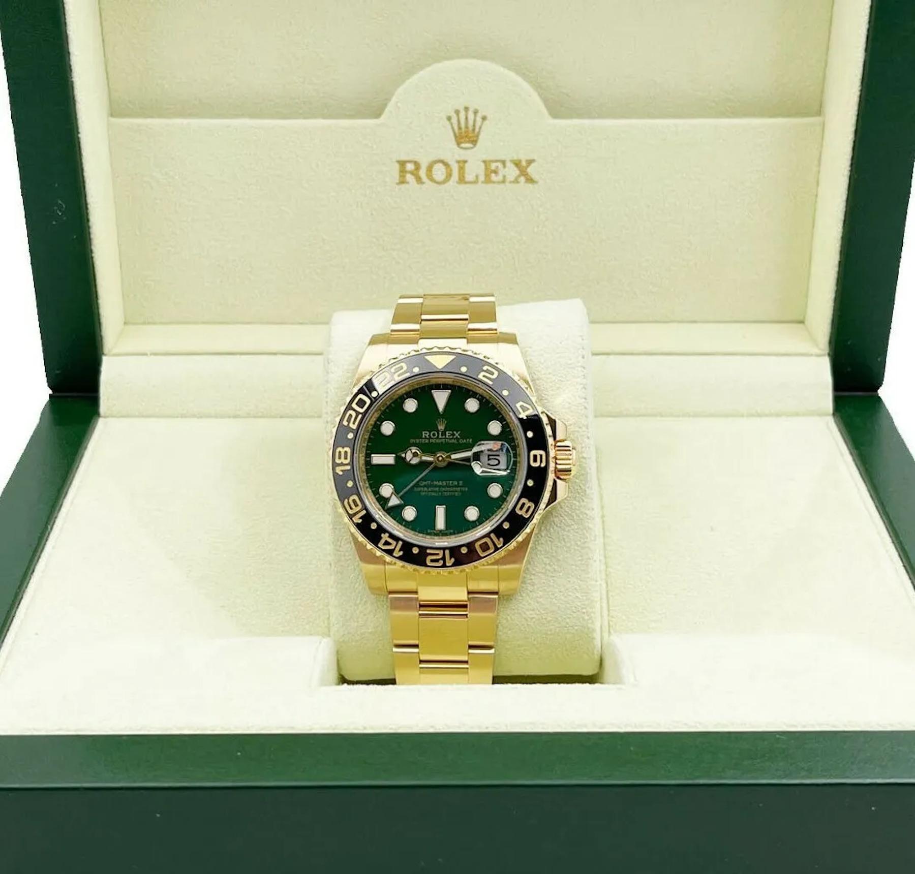 Style Number: 116718
Serial: Mixed Serial
Year: 2010- Now
Model: Rolex GMT Master II 
Case Material: 18K Yellow Gold 
Band: 18K Yellow Gold
Bezel: Black Ceramic  
Dial: Green 
Face: Sapphire Crystal 
Case Size: 40mm
Includes: 
-Rolex Box
-Certified