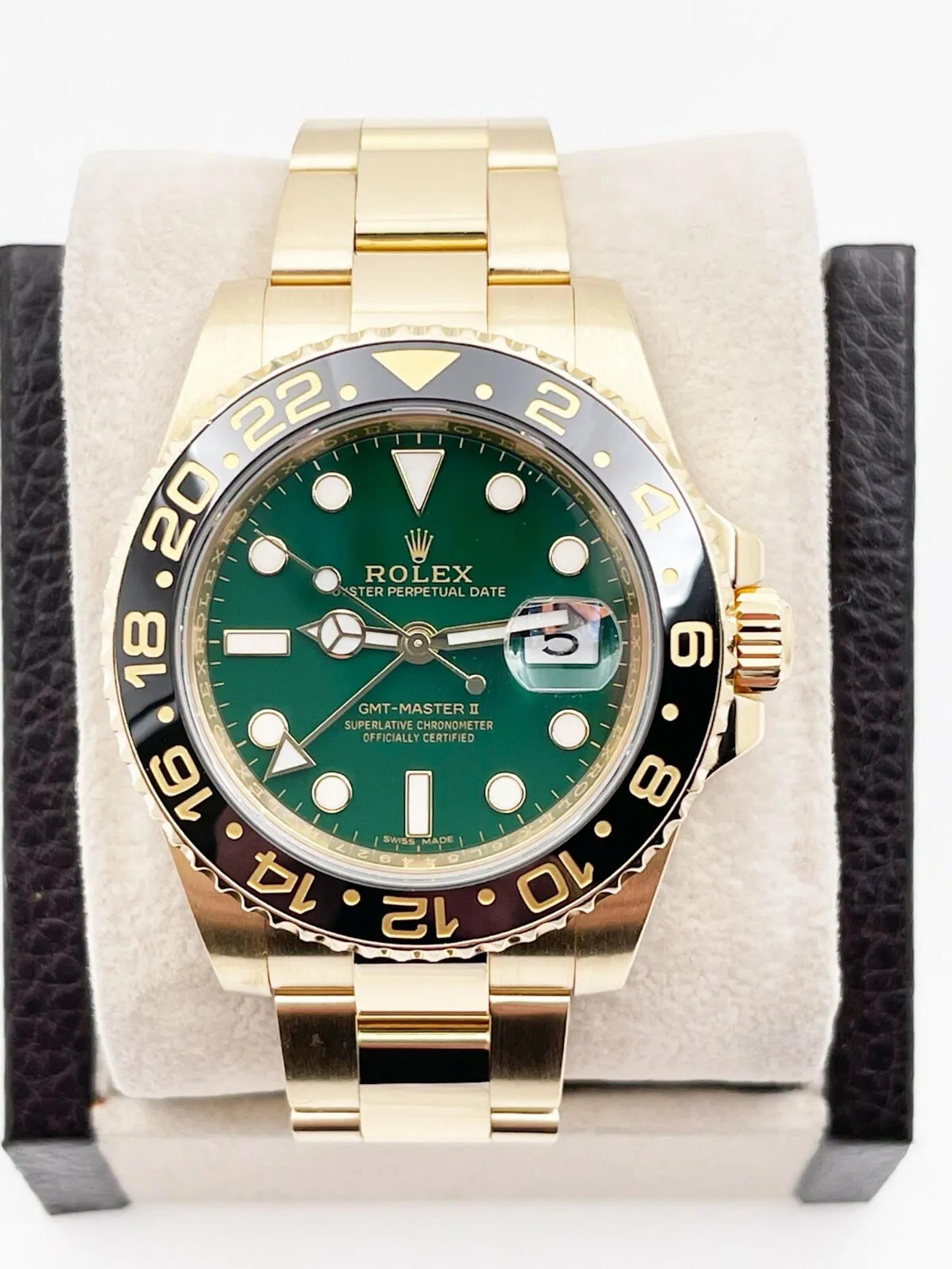 Rolex 116718 GMT Master II Green Dial Black Ceramic Bezel 40mm 18K Yellow Gold In Excellent Condition For Sale In San Diego, CA