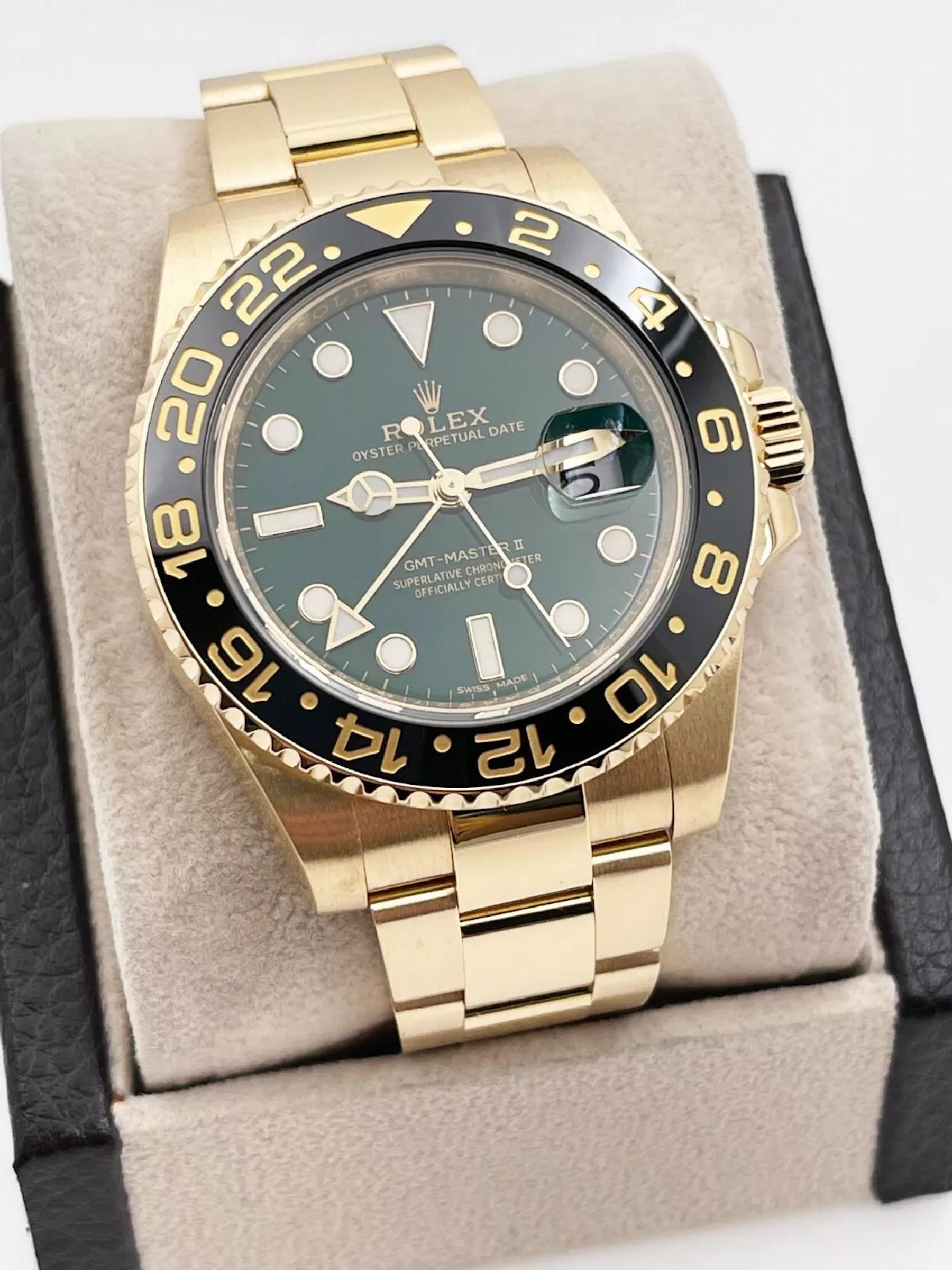 Men's Rolex 116718 GMT Master II Green Dial Black Ceramic Bezel 40mm 18K Yellow Gold For Sale