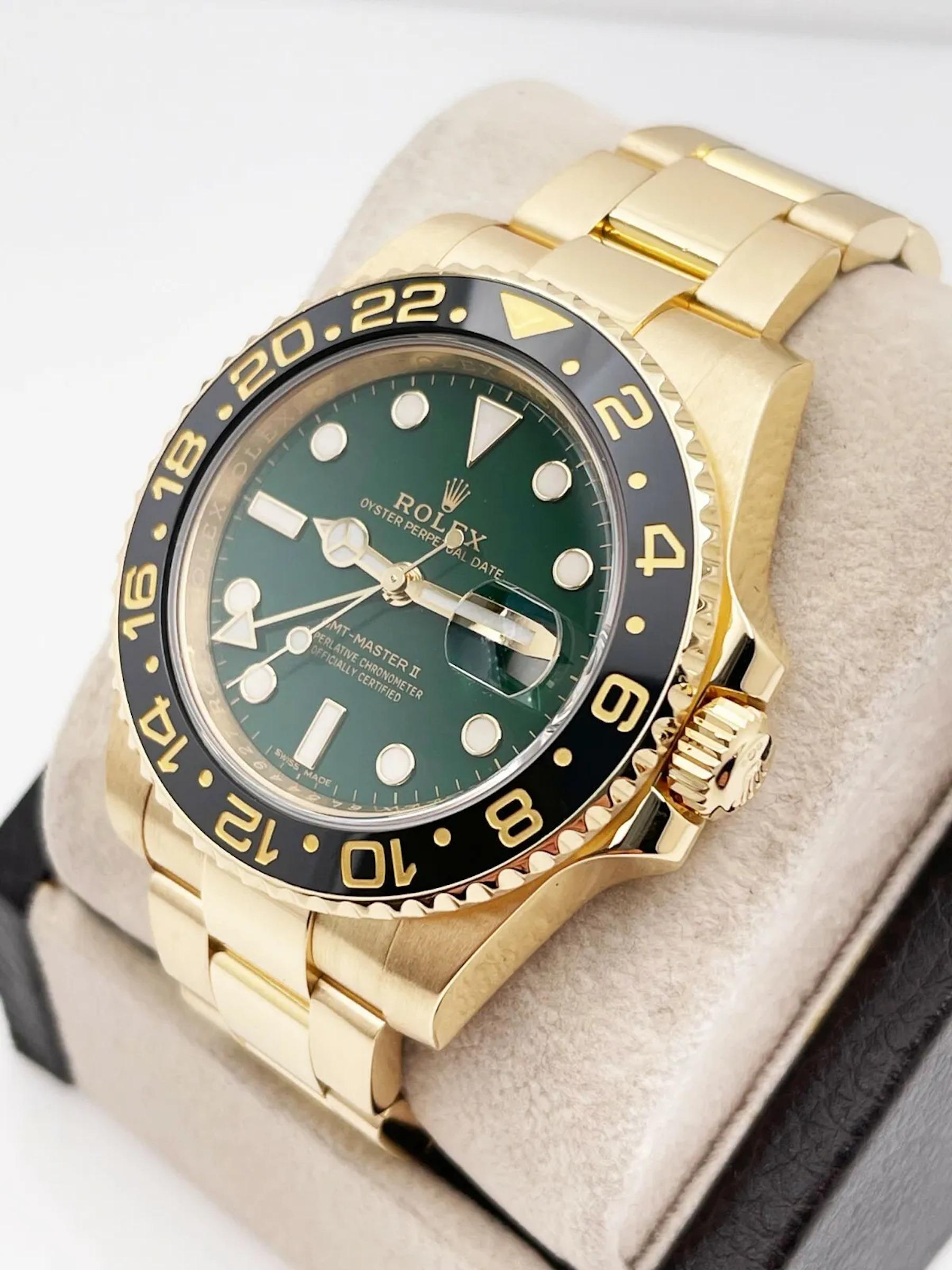 Rolex 116718 GMT Master II Green Dial Black Ceramic Bezel 40mm 18K Yellow Gold For Sale 1