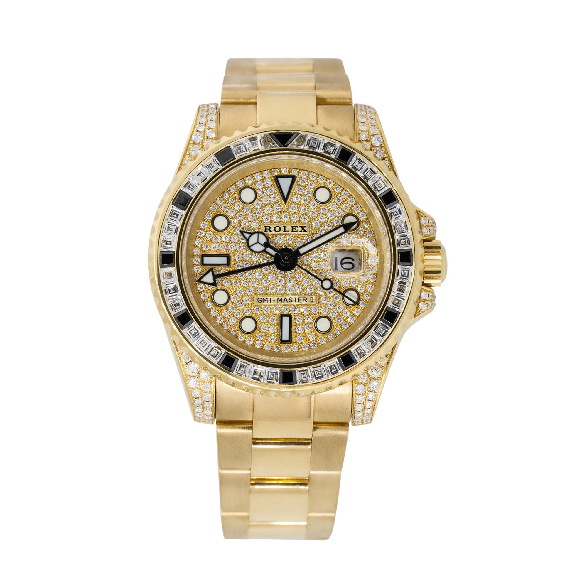 Rolex 116718LN GMT-Master II 18k Gelbgold Diamant-Pavé-Uhr (Gemischter Schliff) im Angebot