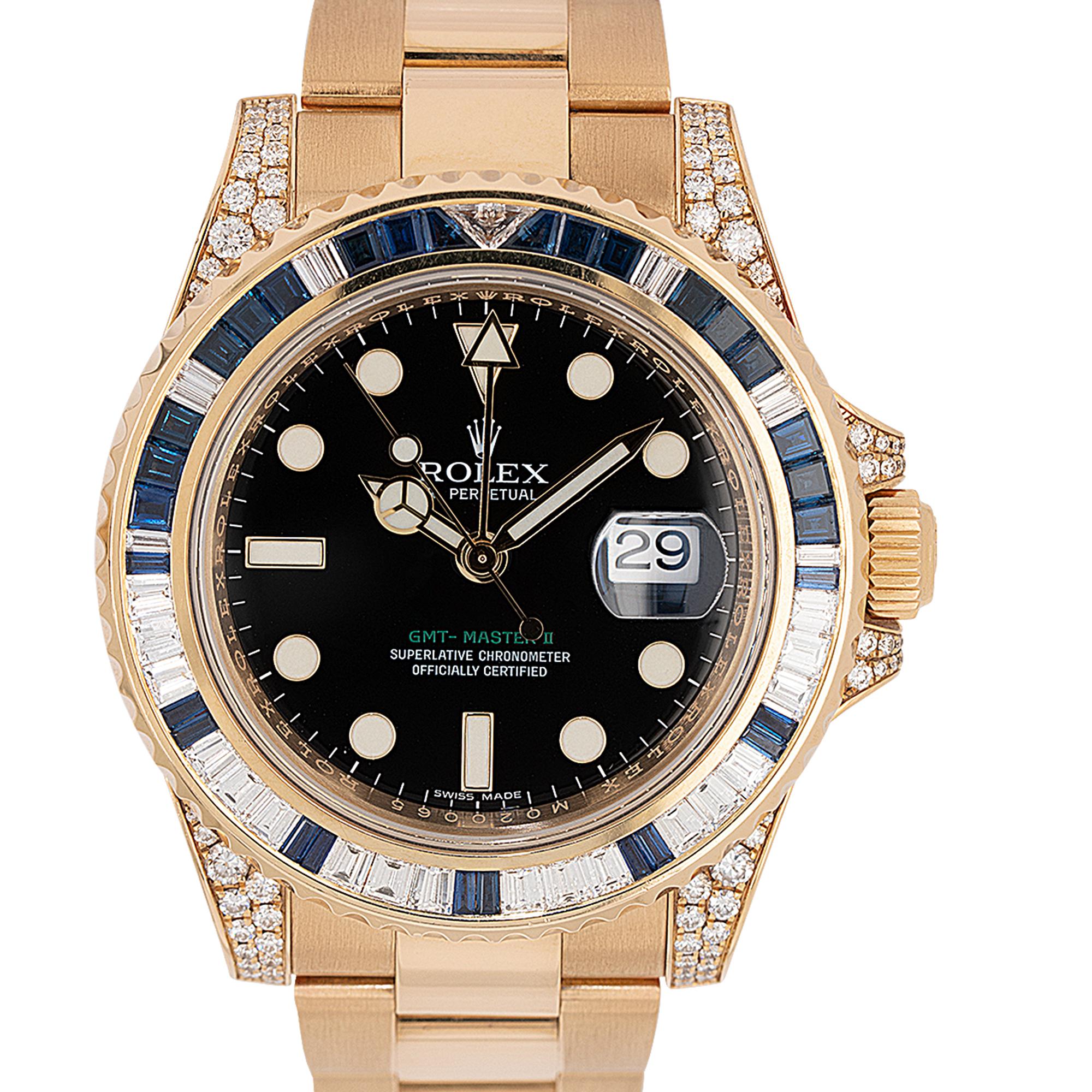 Experience luxury and elegance with the Rolex 116758SA GMT-Master II. Crafted in 18k yellow gold, this exceptional timepiece showcases a captivating fusion of timeless design and exquisite craftsmanship. The scratch-resistant sapphire crystal,