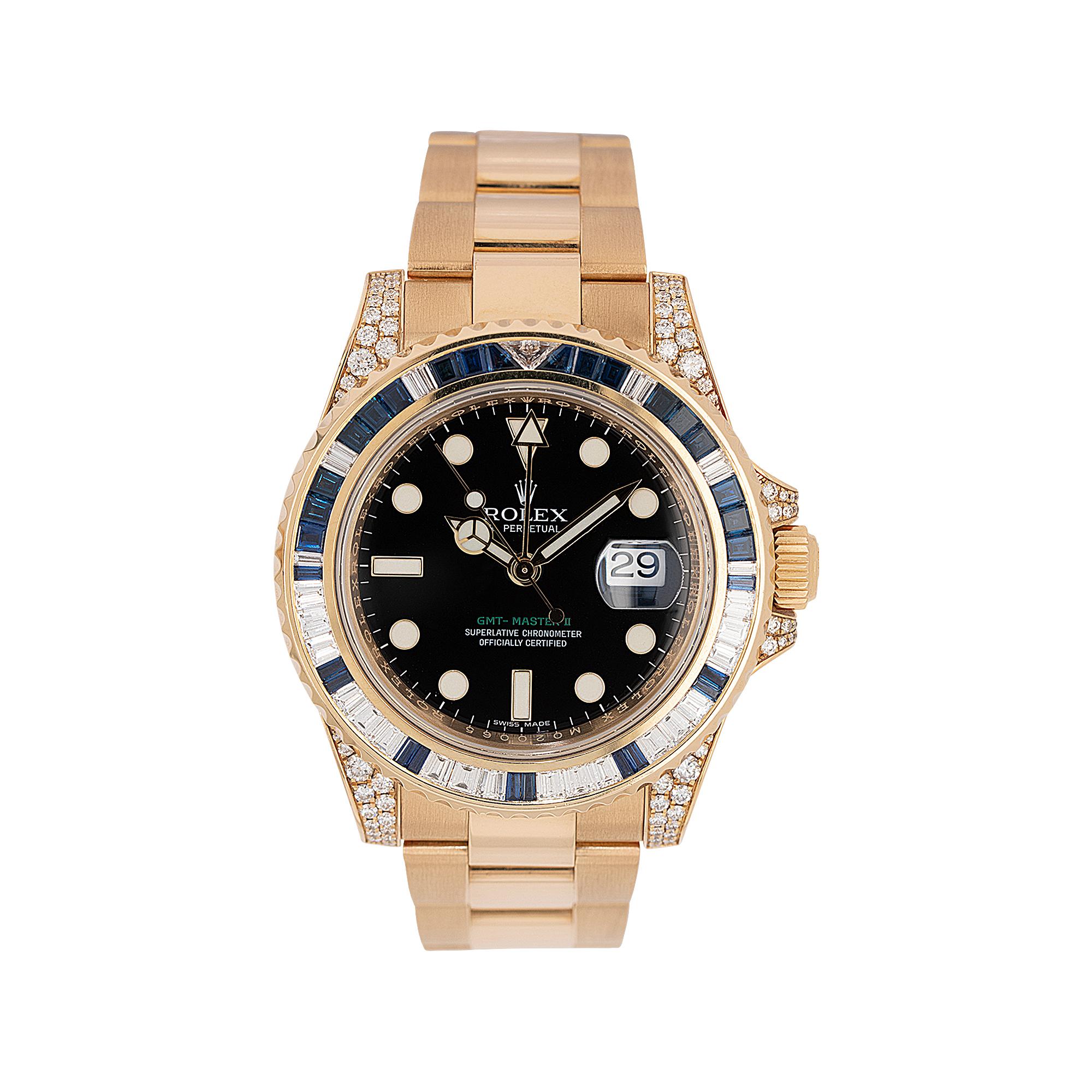 Rolex 116758SA GMT-Master II Uhr mit 18 Karat Diamanten und Saphiren, auf Lager (Baguetteschliff) im Angebot