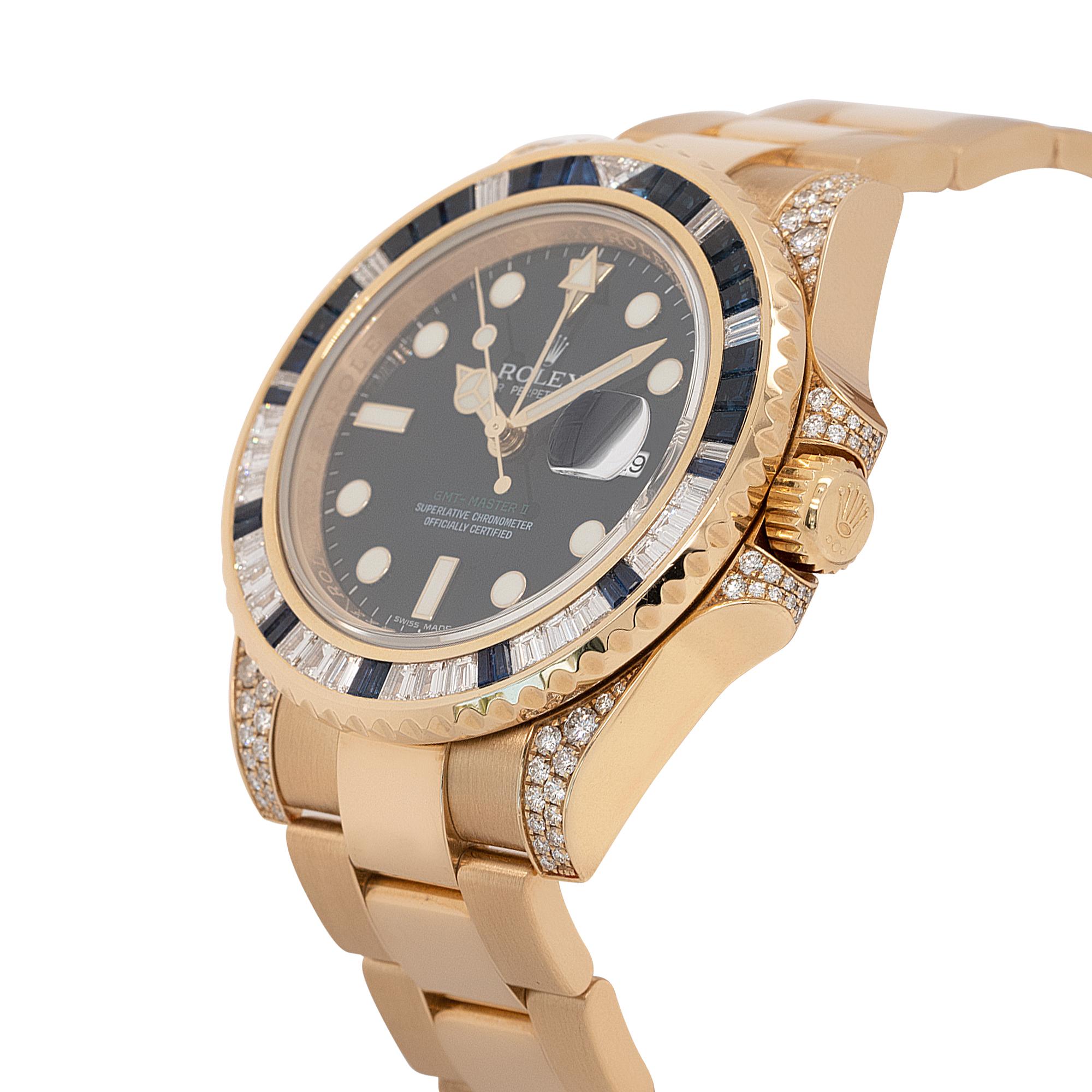 Rolex 116758SA GMT-Master II Uhr mit 18 Karat Diamanten und Saphiren, auf Lager im Zustand „Hervorragend“ im Angebot in Boca Raton, FL