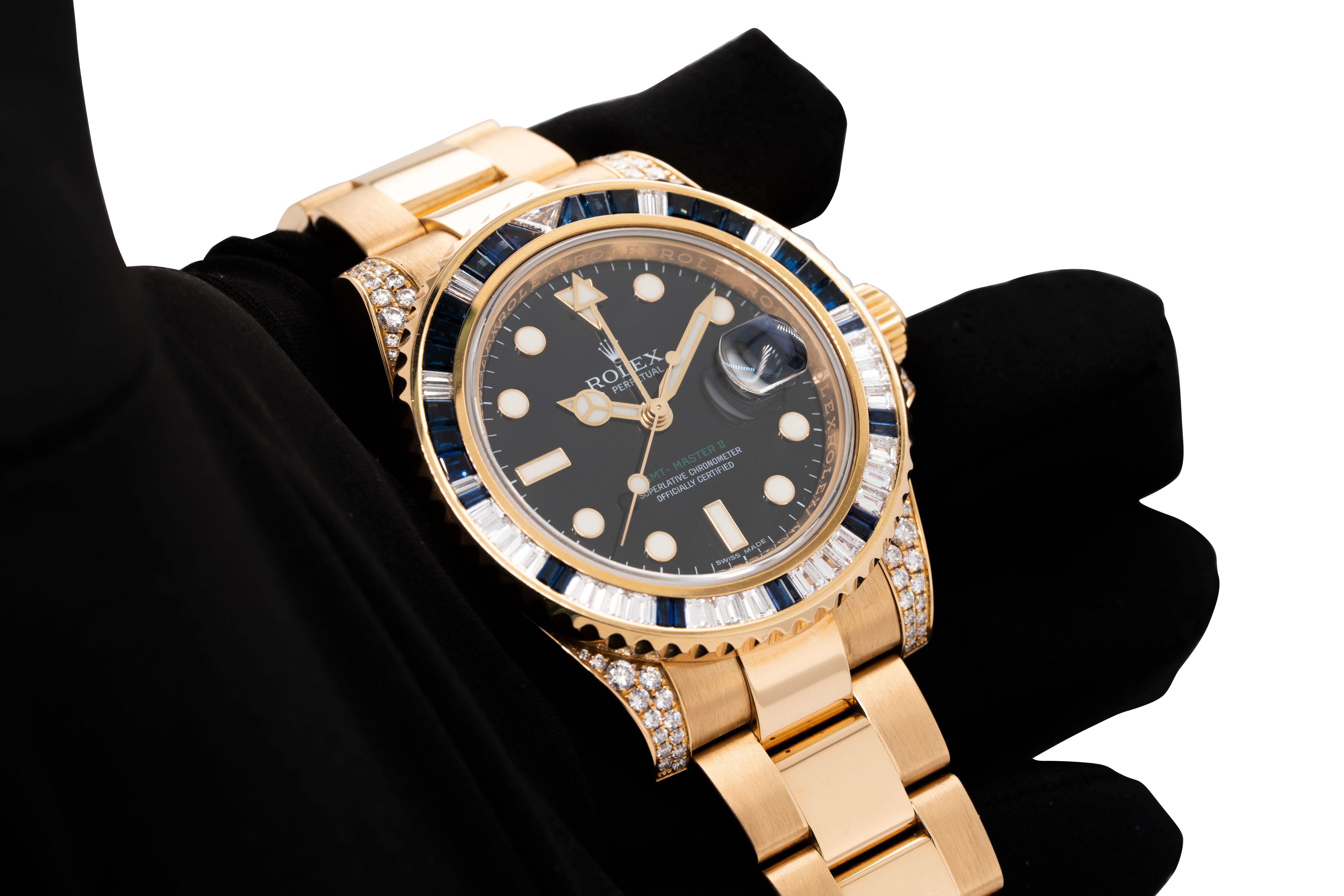 Rolex 116758SA GMT-Master II 18 Karat Diamond & Sapphire Watch In Stock In Excellent Condition For Sale In Boca Raton, FL