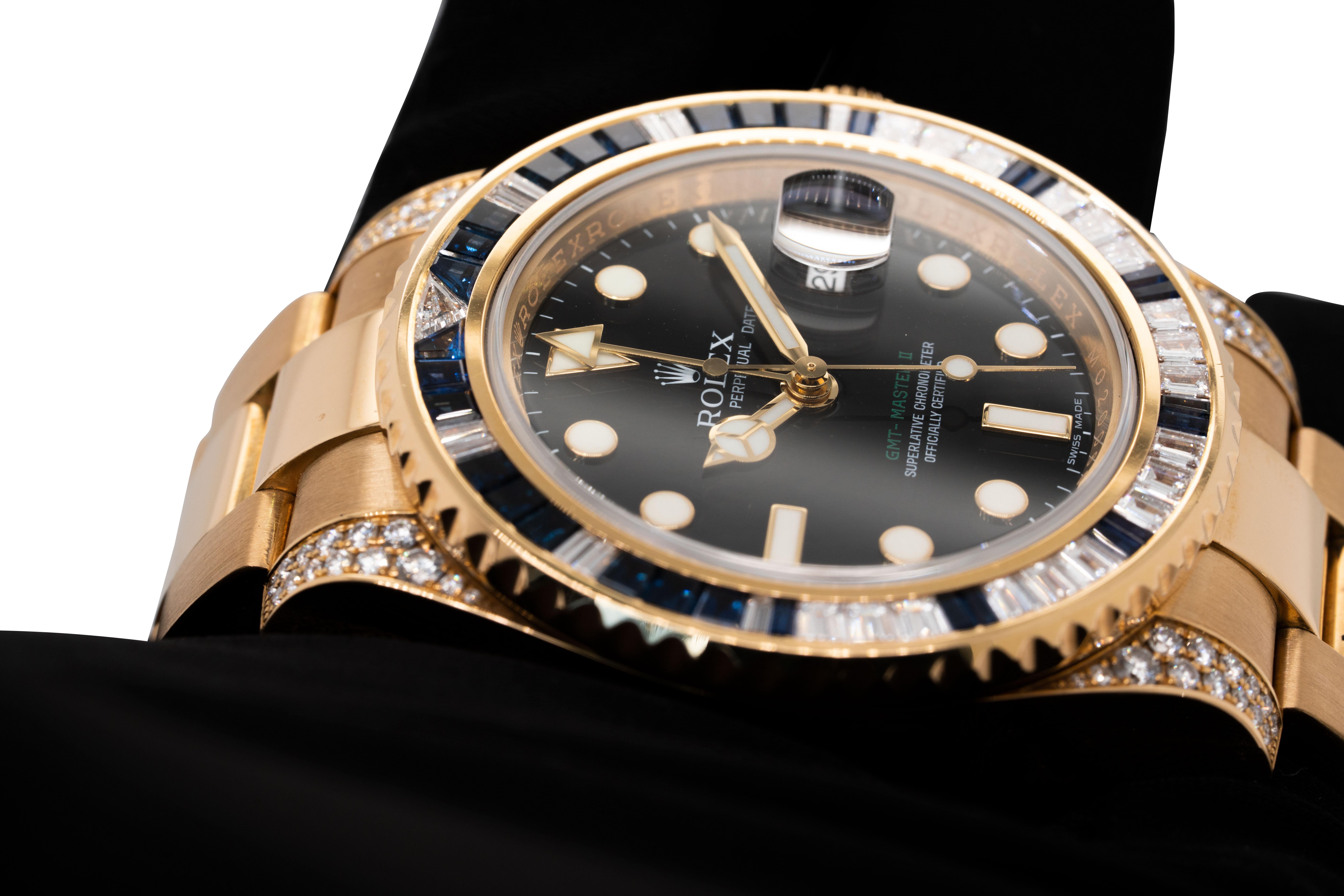 Women's Rolex 116758SA GMT-Master II 18 Karat Diamond & Sapphire Watch In Stock For Sale