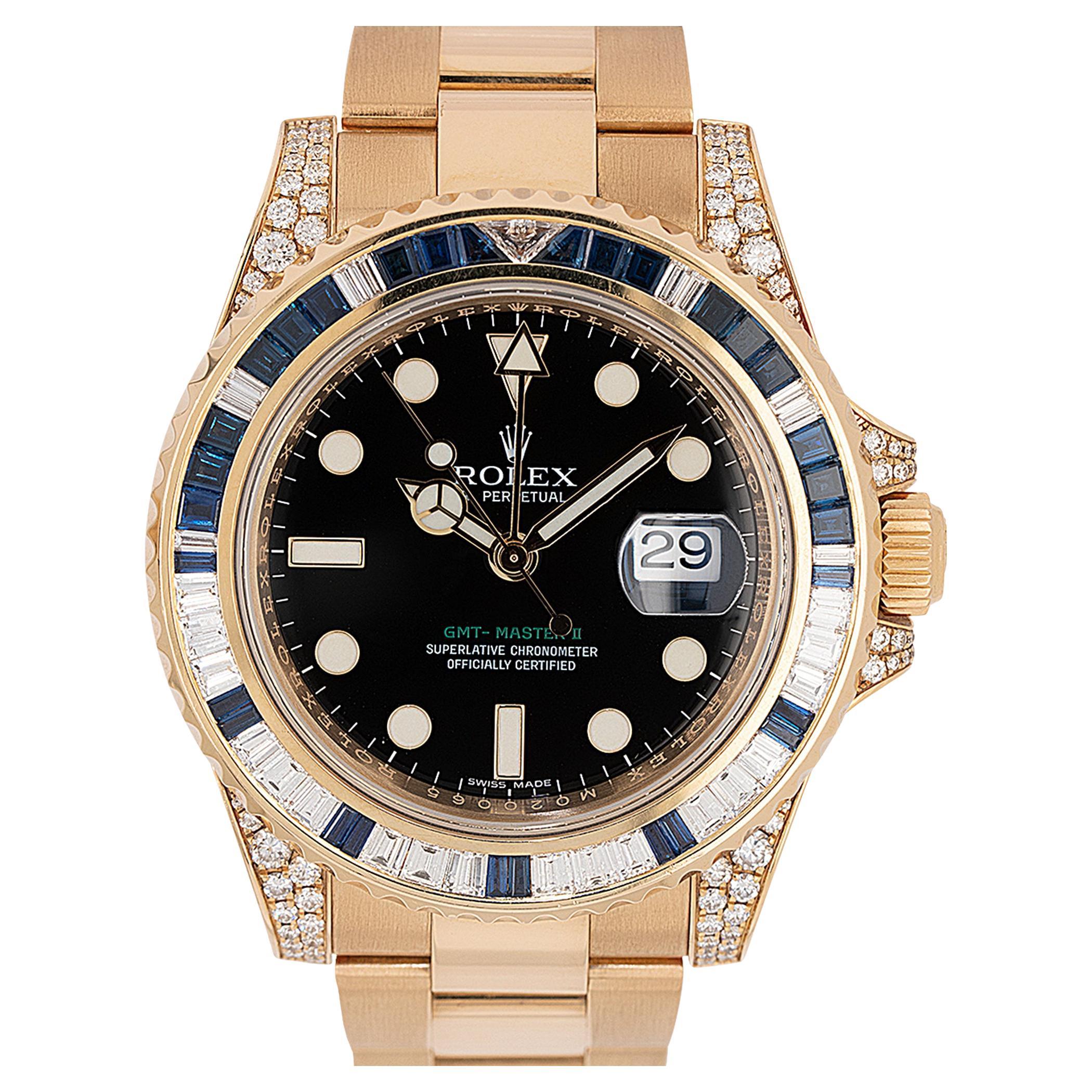 Rolex 116758SA GMT-Master II 18 Karat Diamond & Sapphire Watch In Stock For Sale