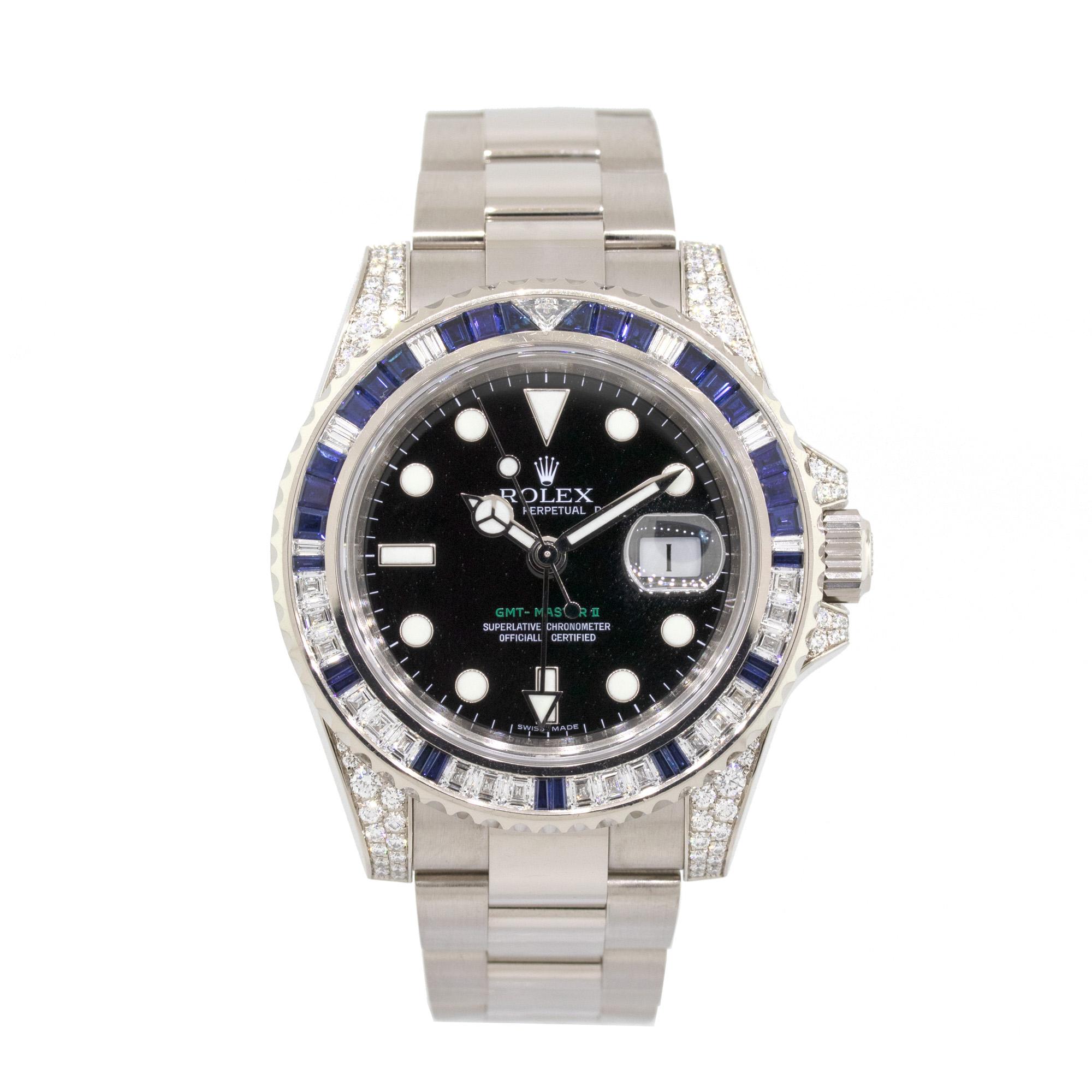 Brand: Rolex
MPN: 116759SA
Model: GMT-Master II
Case Material: 18k White gold
Case Diameter: 40mm
Crystal: Sapphire crystal
Bezel: Factory unidirectional Sapphire and Diamond Bezel
Dial: Black dial with luminescent hour markers and hands
Bracelet: