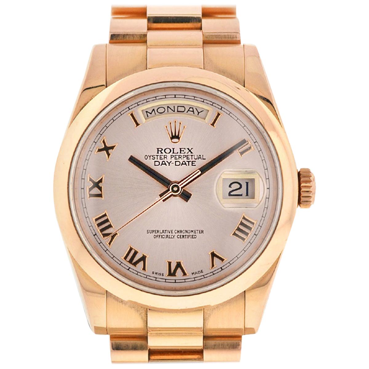 Rolex 118205 Day-Date Pink Roman Dial 18 Karat Rose Gold Women's Watch