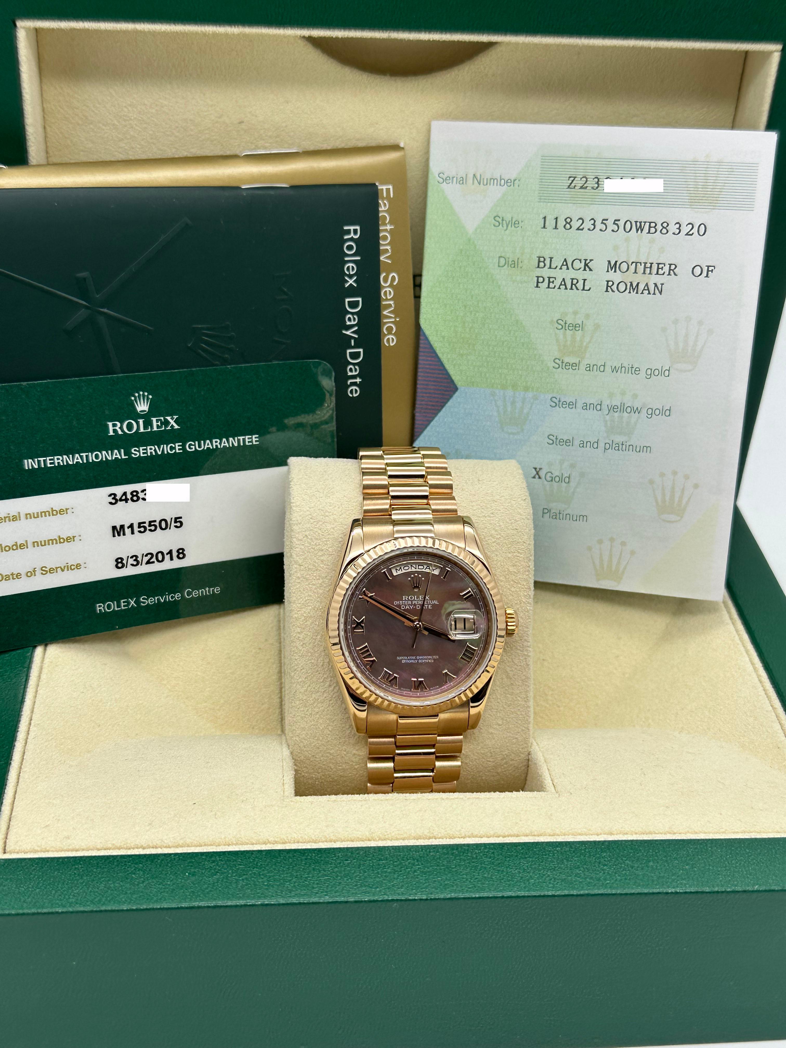 Rolex 118235 President Day Date Tahitian MOP Dial 18K Rose Gold Box Paper In Excellent Condition For Sale In San Diego, CA