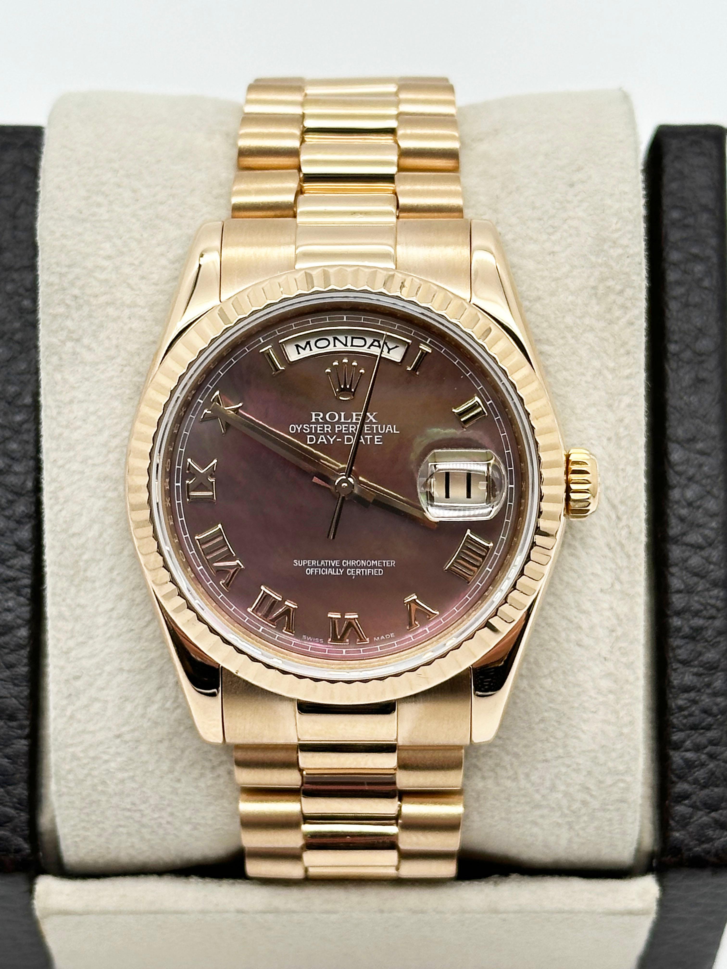 Rolex 118235 President Day Date Tahitian MOP Dial 18K Rose Gold Box Paper For Sale 1