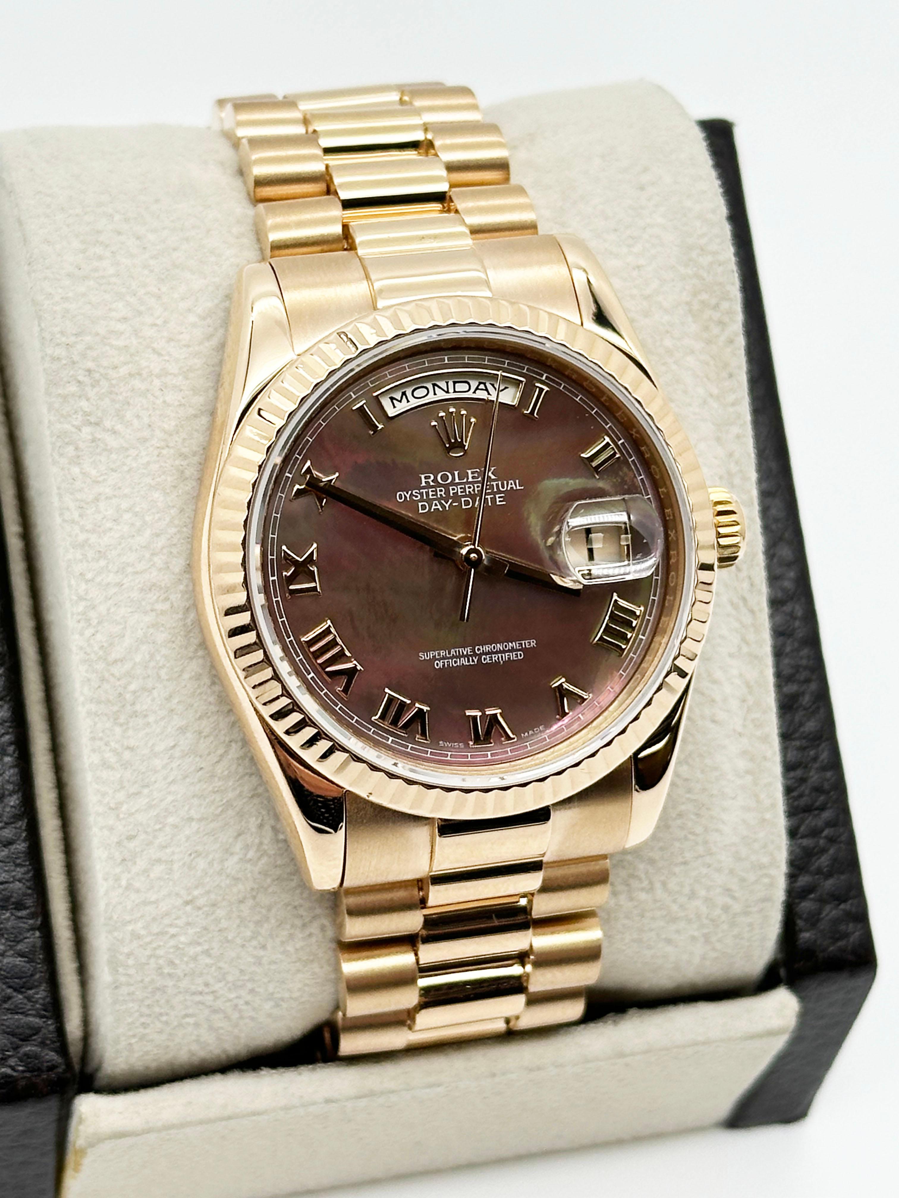 Rolex 118235 President Day Date Tahitian MOP Dial 18K Rose Gold Box Paper For Sale 2