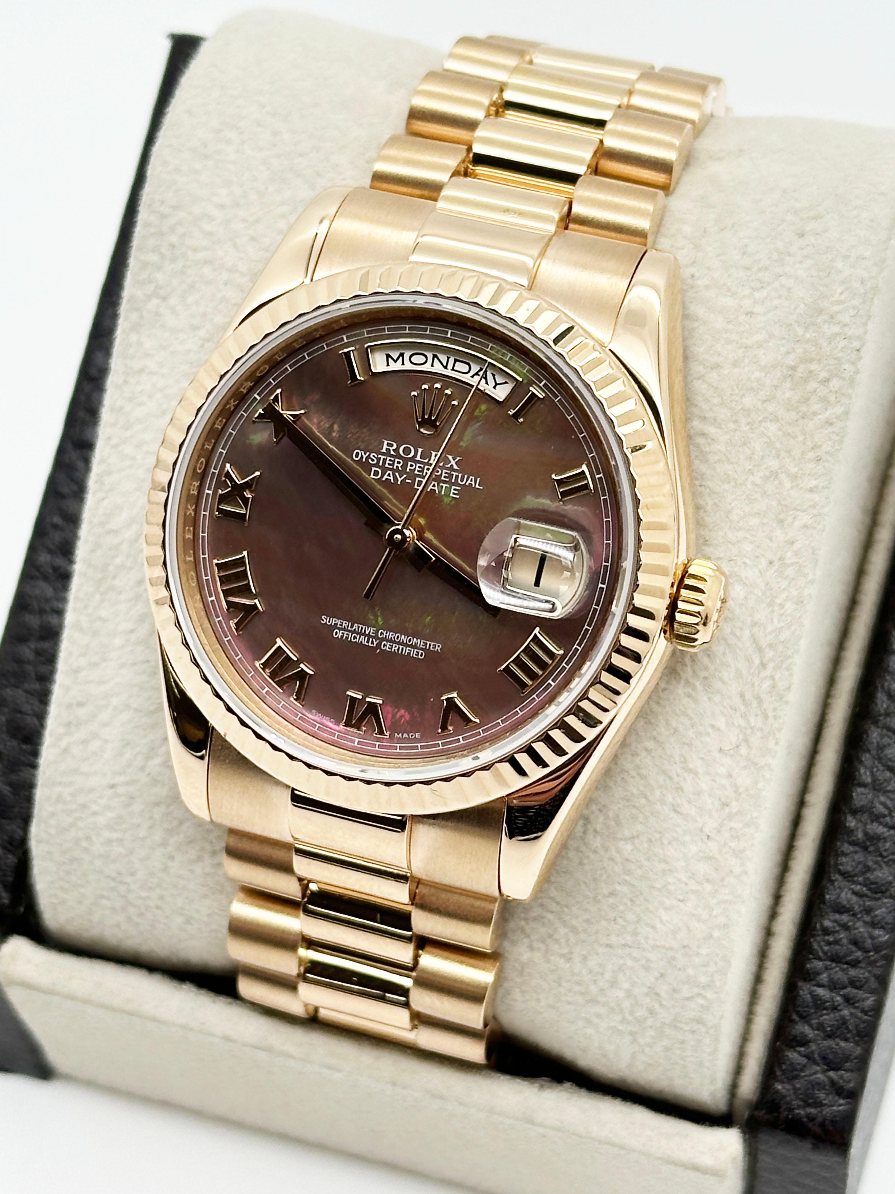 Rolex 118235 President Day Date Tahitian MOP Dial 18K Rose Gold Box Paper For Sale 3