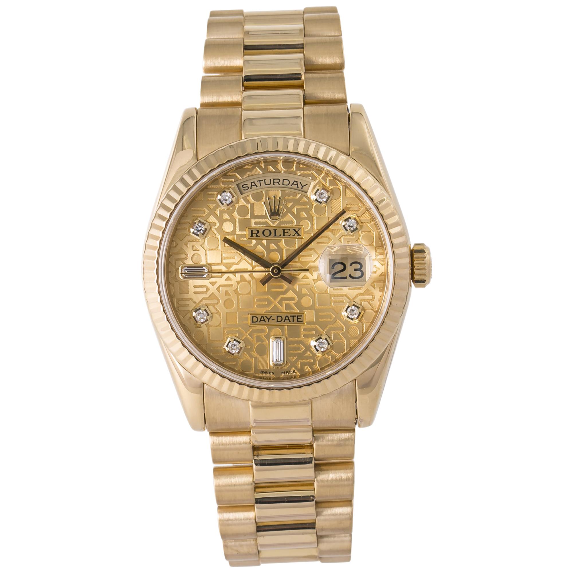 Rolex 118238 Day-Date President Factory Diamond Dial Box Papers 18k Y.Gold For Sale