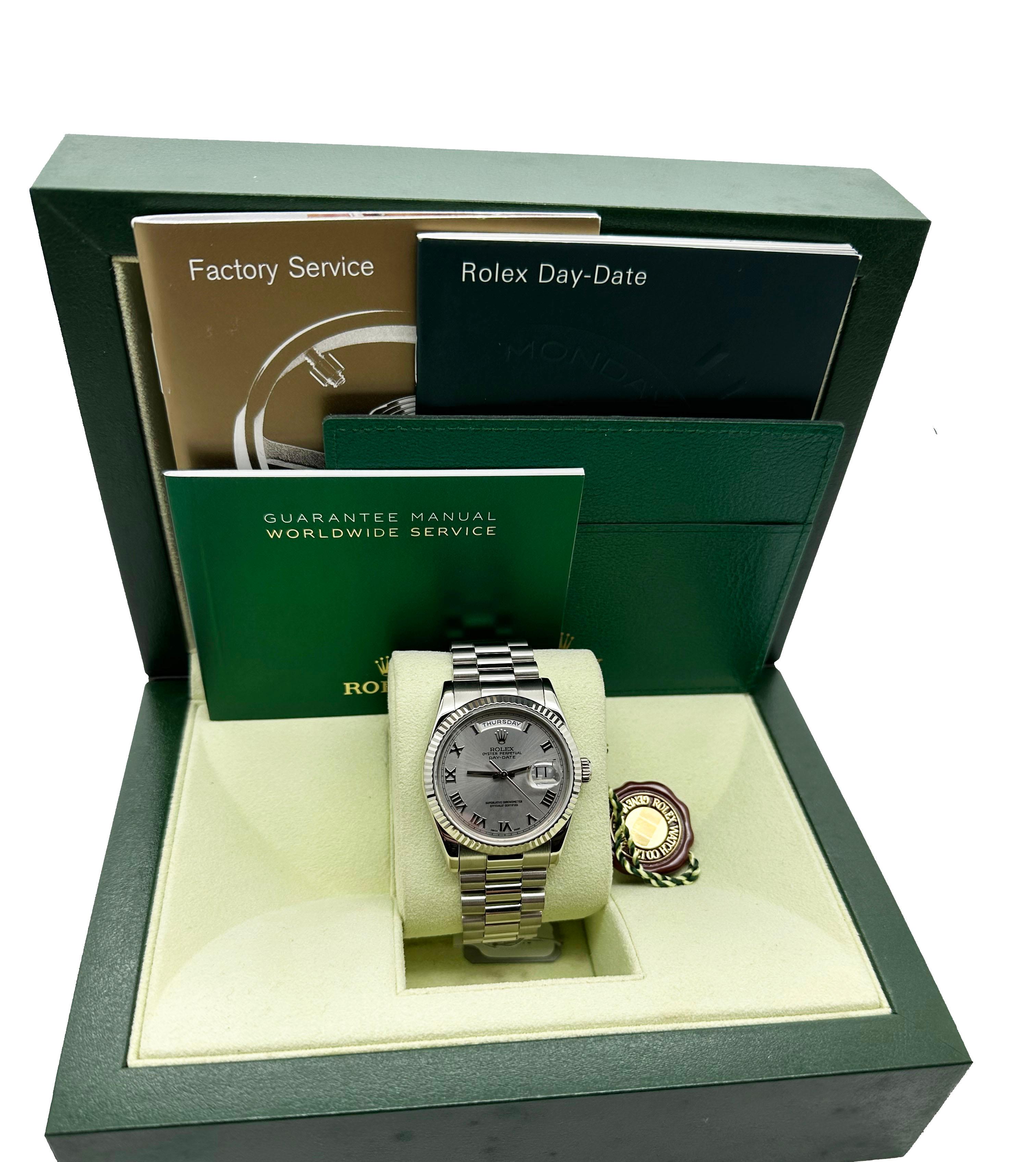 Rolex 118239 President Day Date 36mm 18K White Gold Rhodium Dial Box Booklets In Excellent Condition In San Diego, CA