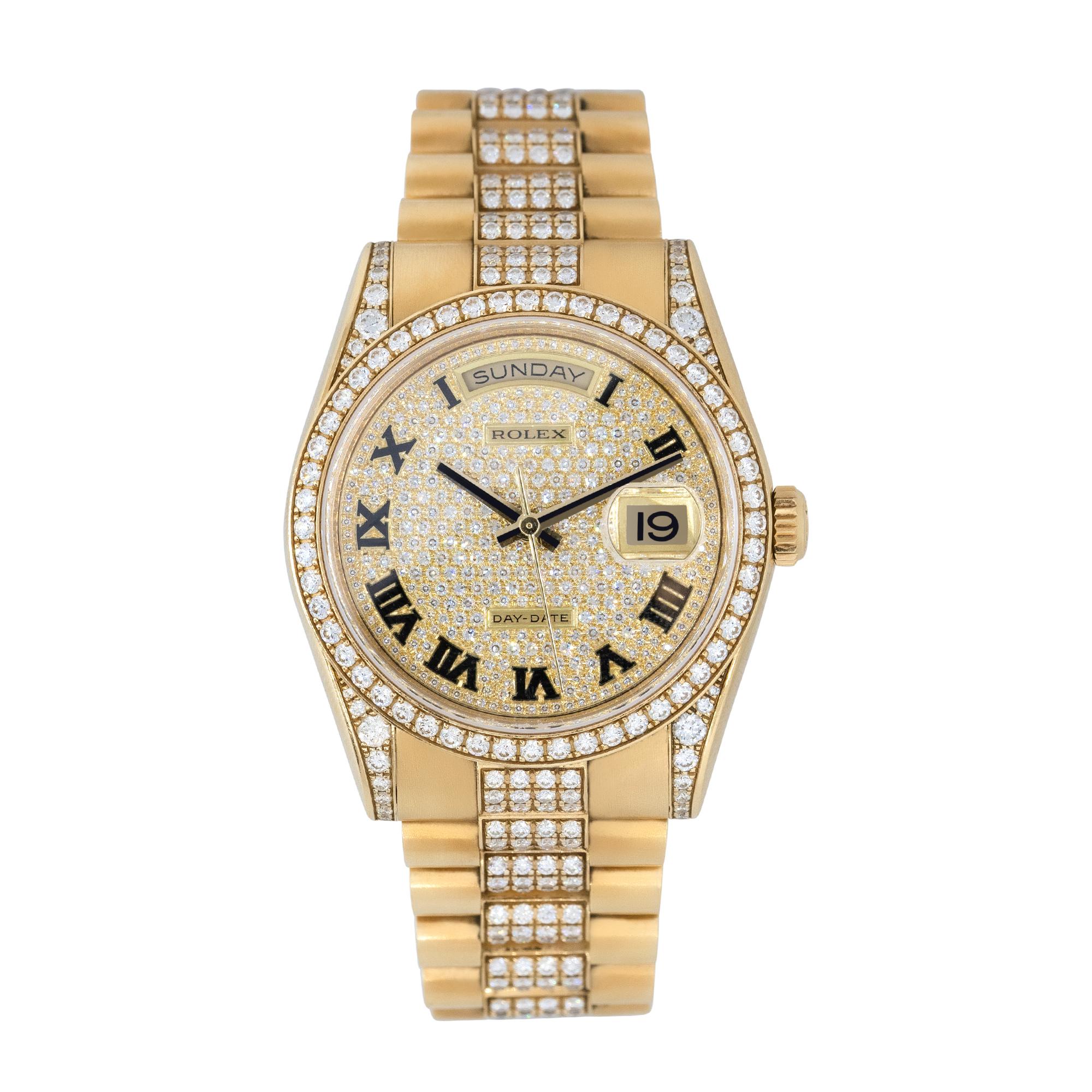 Taille ronde Rolex 118388 Day-Date Montre d'usine en or jaune 18 carats avec cadran en diamants en vente
