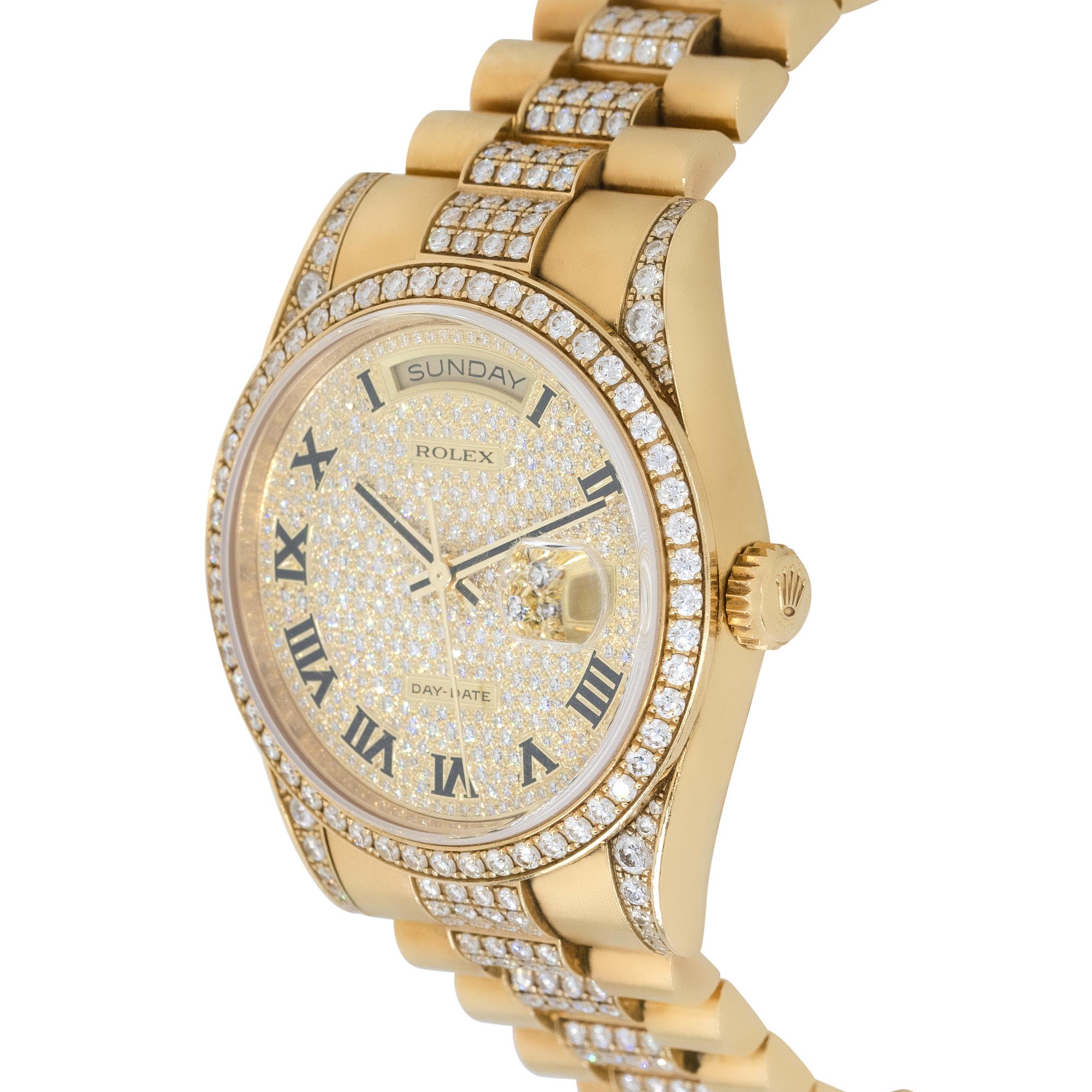 Rolex 118388 Day-Date Montre d'usine en or jaune 18 carats avec cadran en diamants Excellent état - En vente à Boca Raton, FL