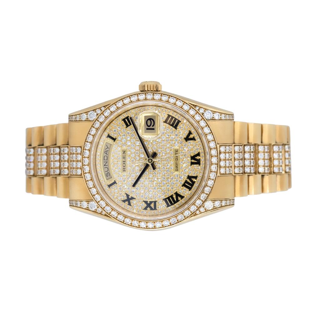 Round Cut Rolex 118388 Day-Date 18k Yellow Gold Factory Diamond Dial Watch For Sale