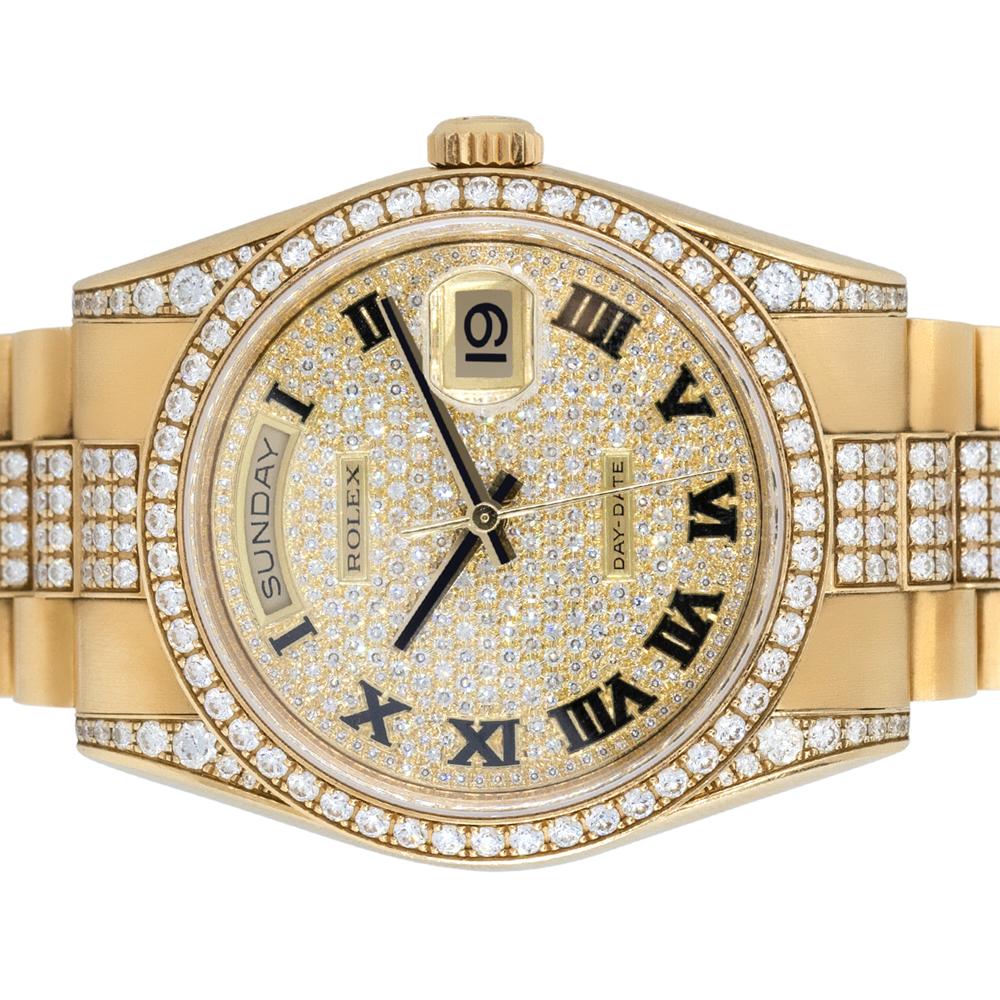 Rolex 118388 Day-Date 18k Yellow Gold Factory Diamond Dial Watch In Excellent Condition For Sale In Boca Raton, FL