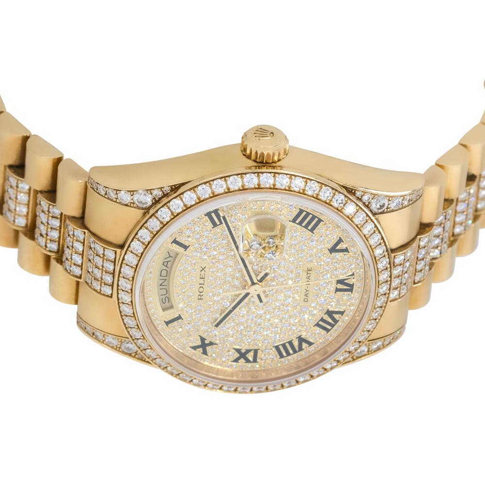 Women's or Men's Rolex 118388 Day-Date 18k Yellow Gold Factory Diamond Dial Watch For Sale
