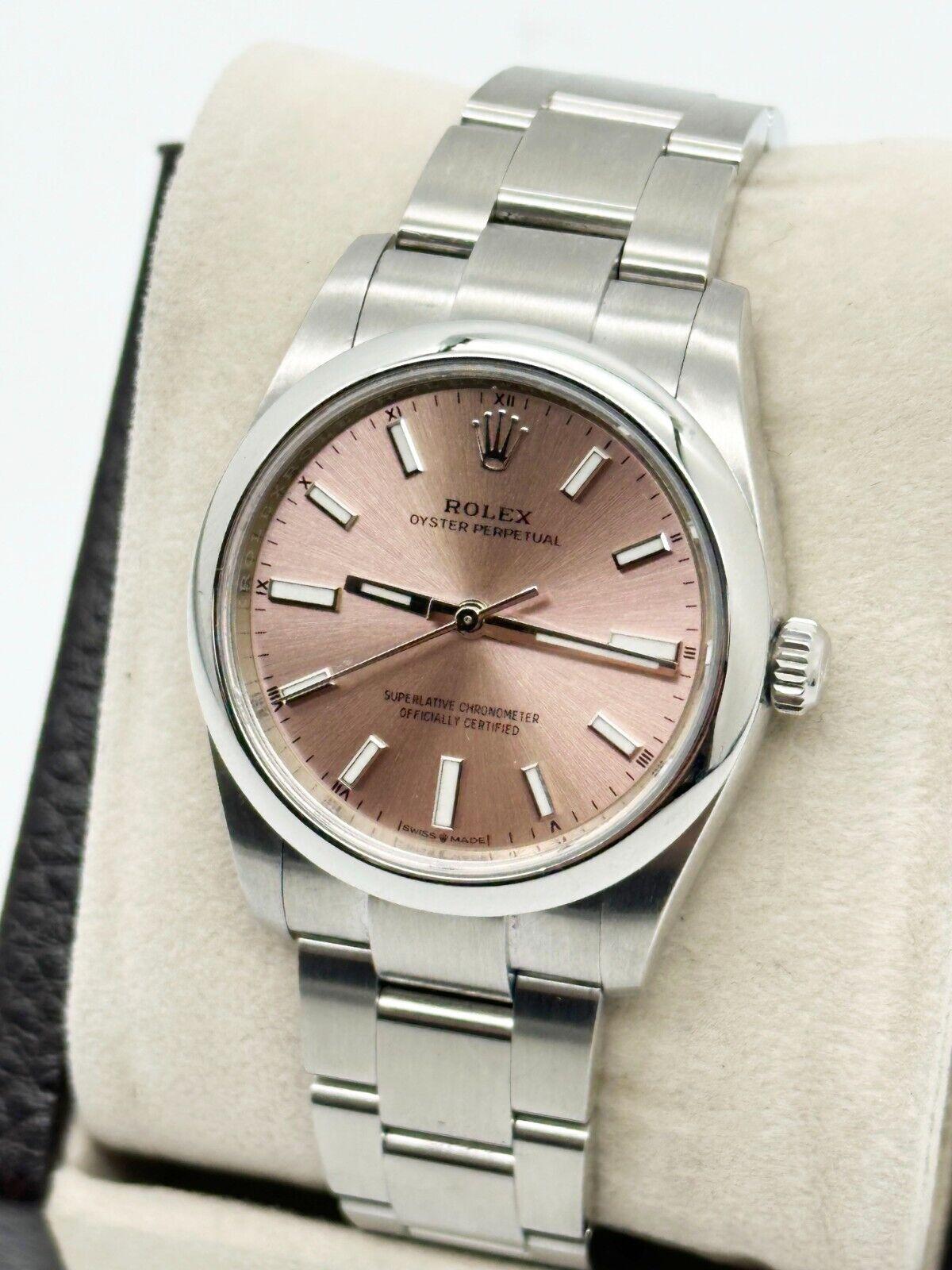 Rolex 124200 Oyster Perpetual Pink Dial 34mm Stainless Steel Box Paper 2020 In Excellent Condition For Sale In San Diego, CA