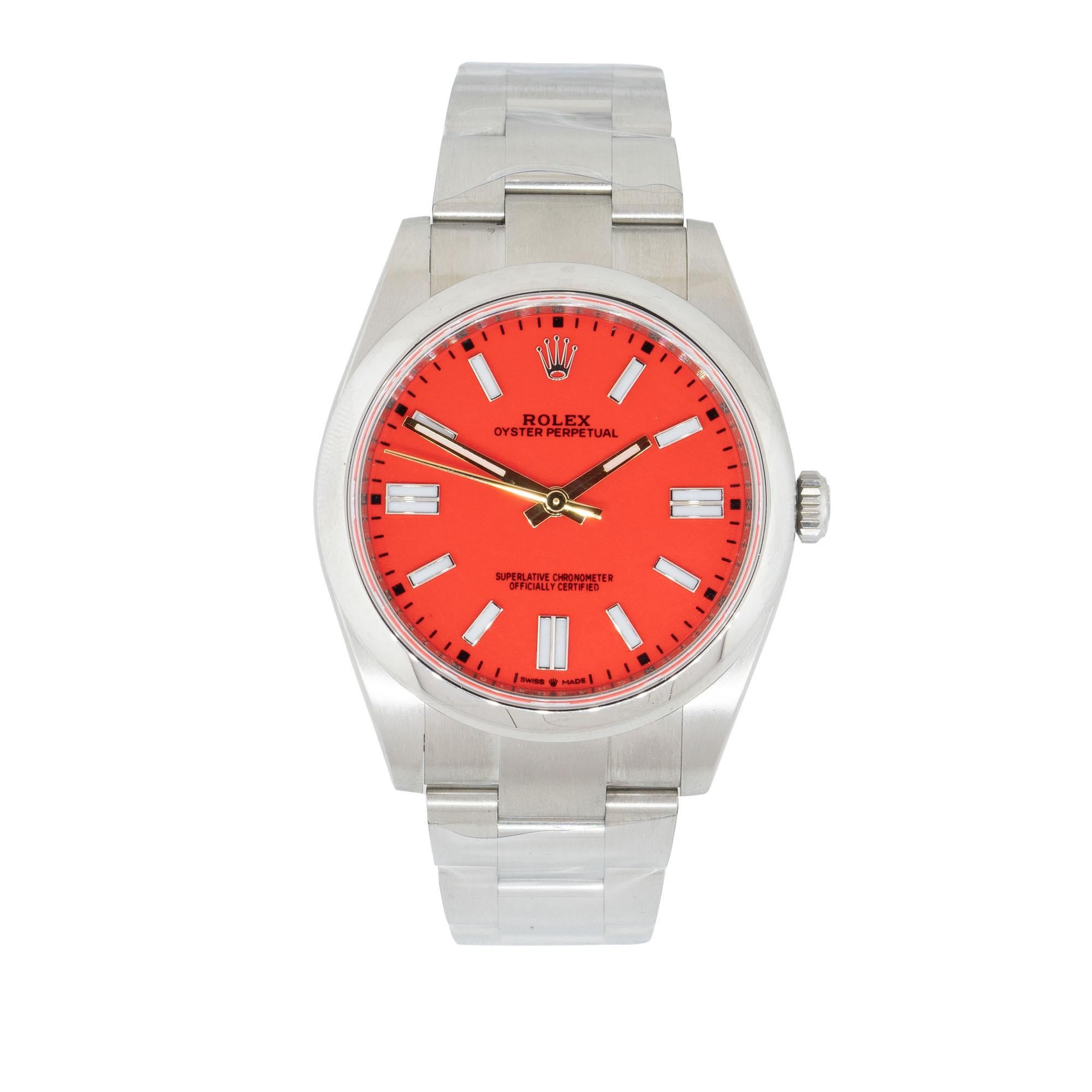 Modern Rolex 124300 Oyster Perpetual Stainless Steel Aftermarket Red Stick Dial Watch For Sale