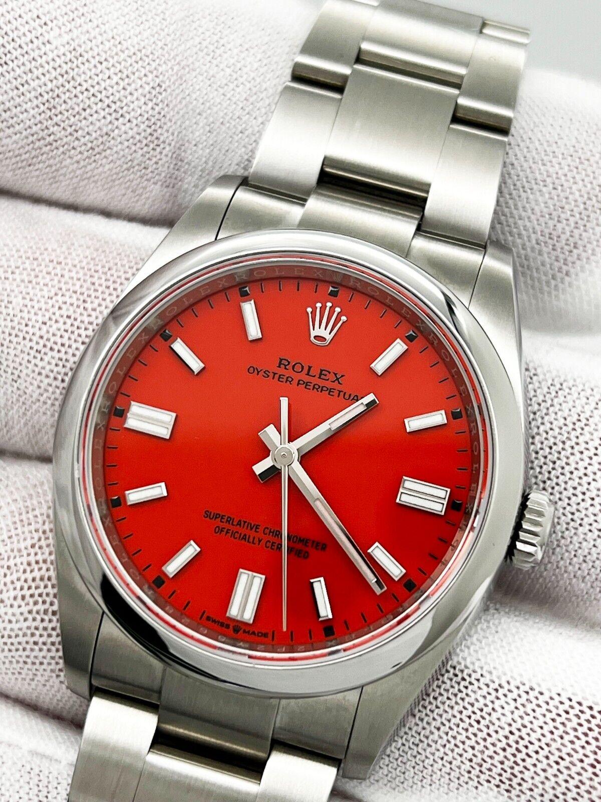 Rolex 126000 36mm Oyster Perpetual Red Coral Dial Stainless Steel Box Paper 2022 In Excellent Condition For Sale In San Diego, CA