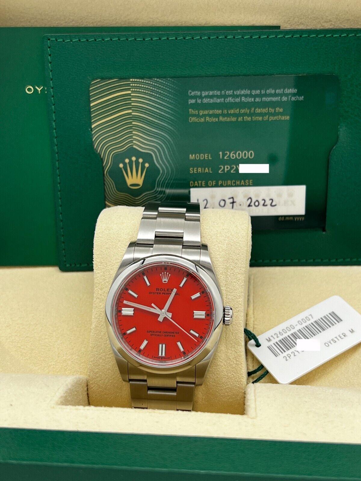 Women's or Men's Rolex 126000 36mm Oyster Perpetual Red Coral Dial Stainless Steel Box Paper 2022 For Sale