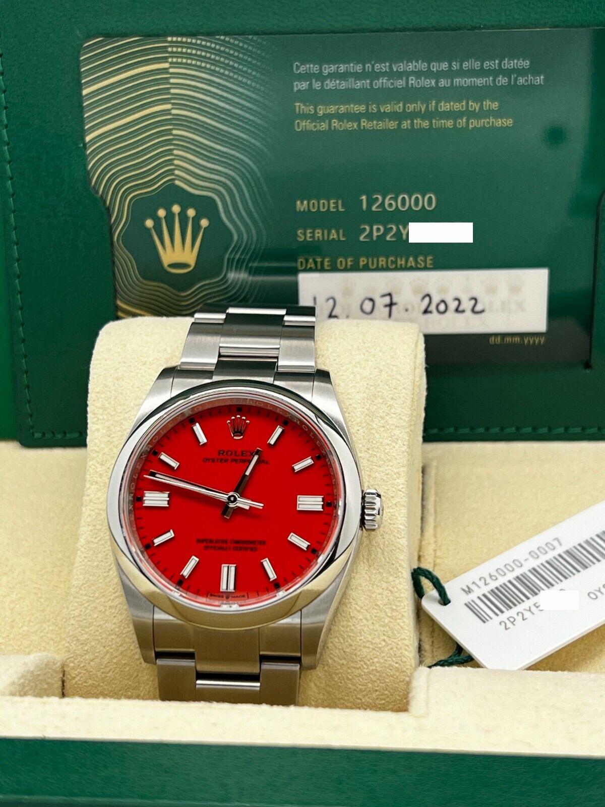 Rolex 126000 36mm Oyster Perpetual Red Coral Dial Stainless Steel Box Paper 2022 For Sale 1