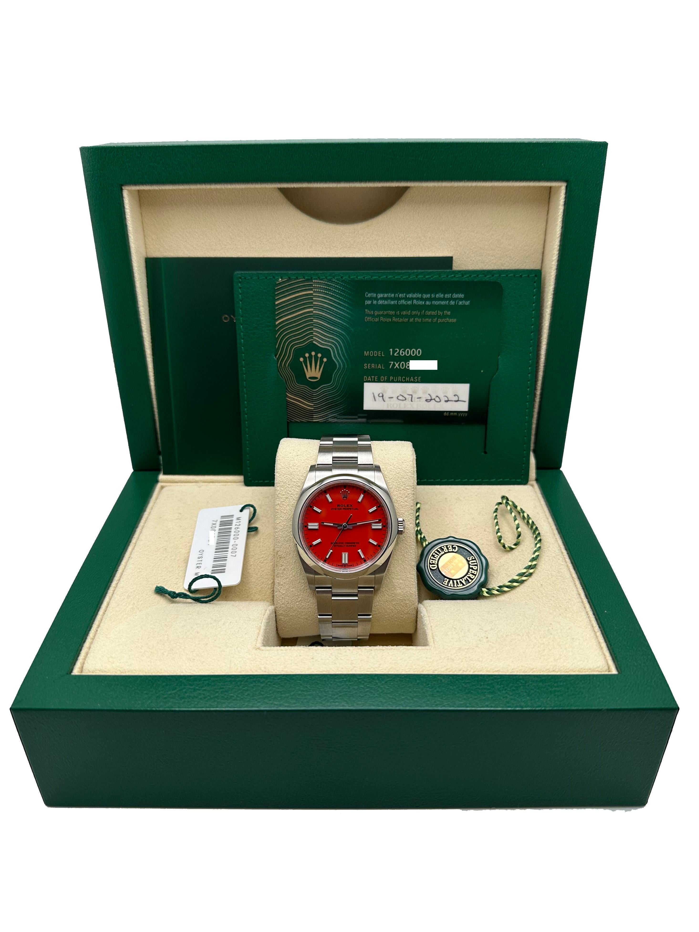 Rolex 126000 Oyster Perpetual Esfera Coral Rojo Caja Acero Inoxidable Papel 36mm 2022 en Excelente Estado en San Diego, CA