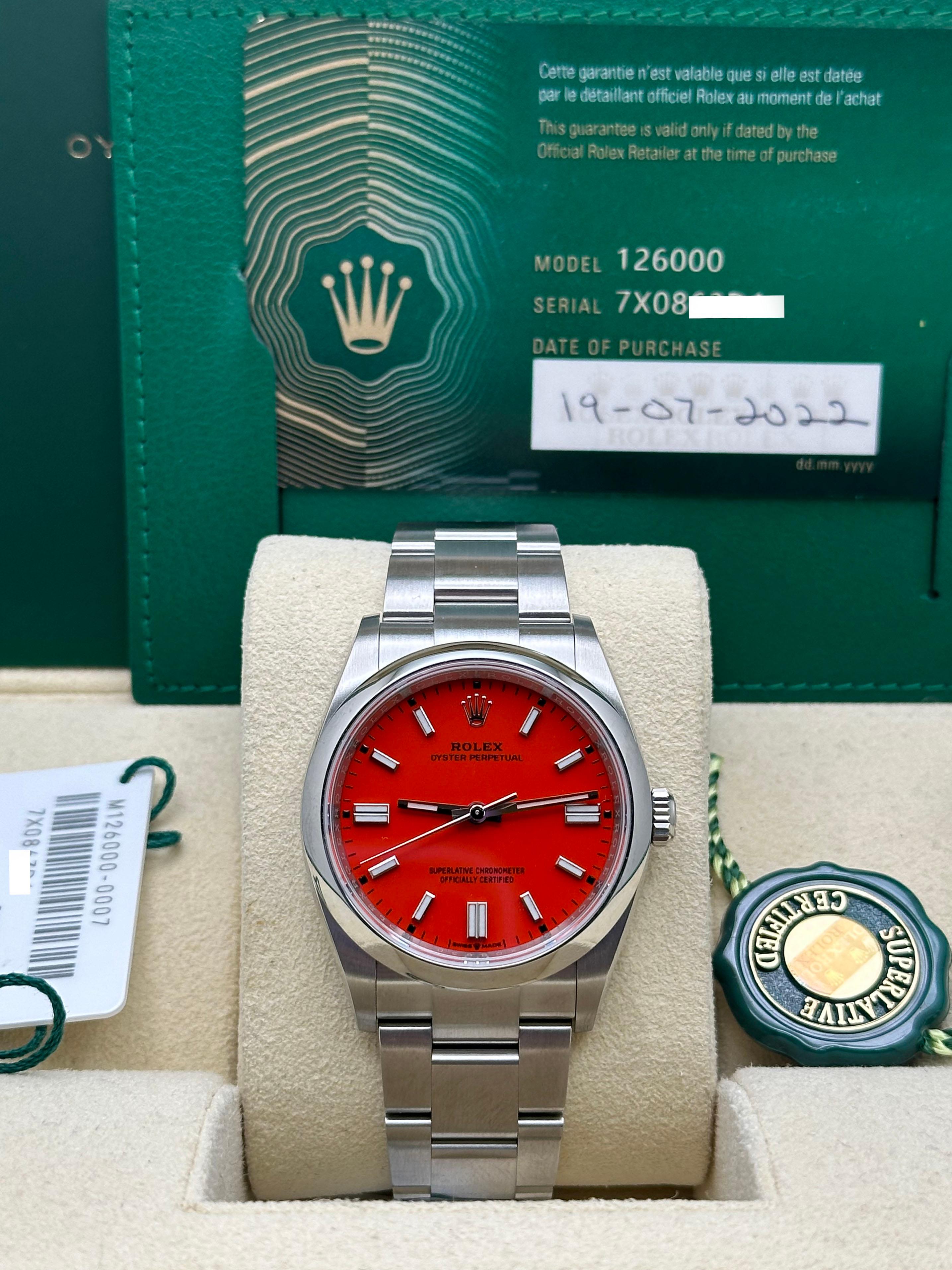 Femenino o masculino Rolex 126000 Oyster Perpetual Esfera Coral Rojo Caja Acero Inoxidable Papel 36mm 2022