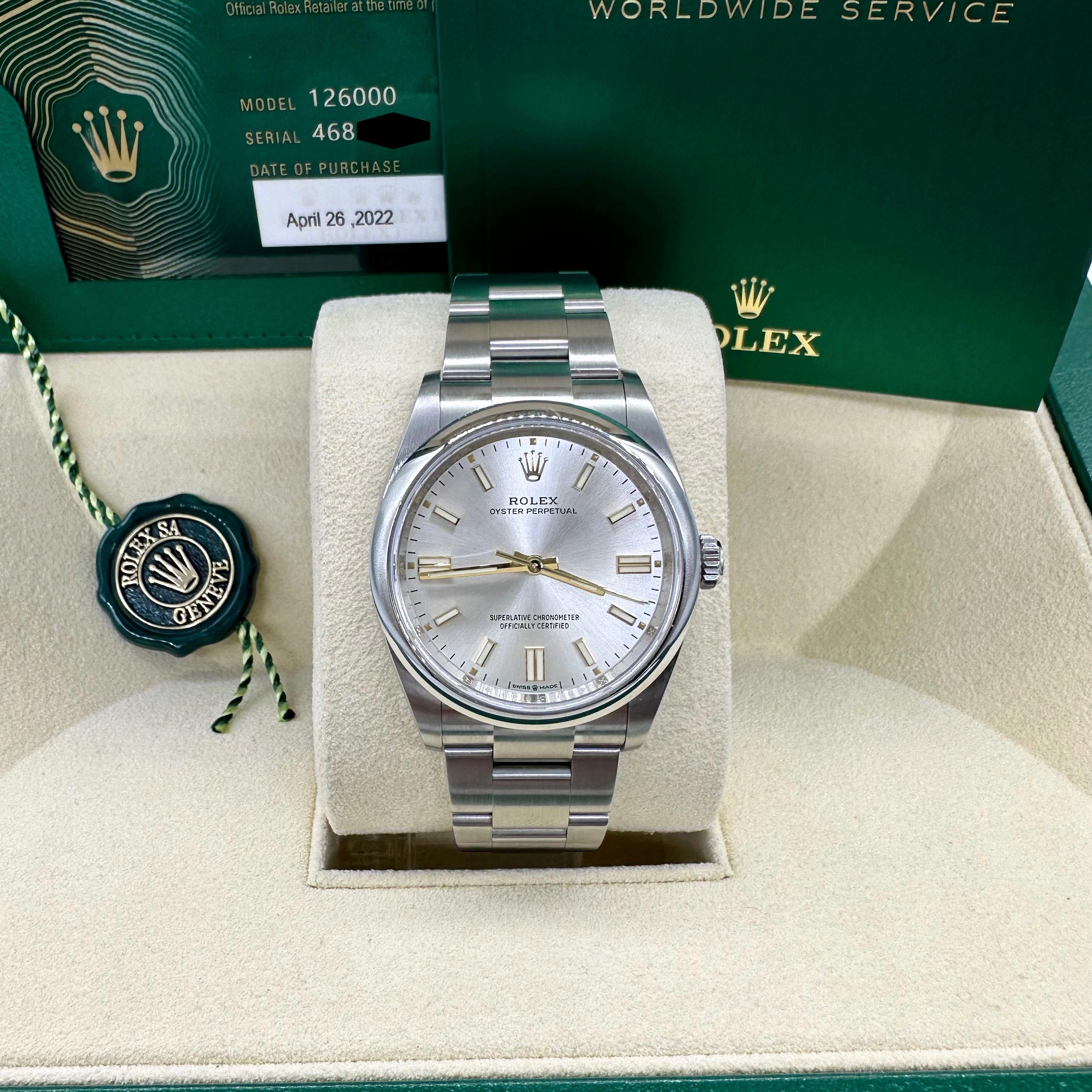 Rolex 126000 Oyster Perpetual Silver Dial Stainless Box paper 2022 36mm In Excellent Condition For Sale In San Diego, CA