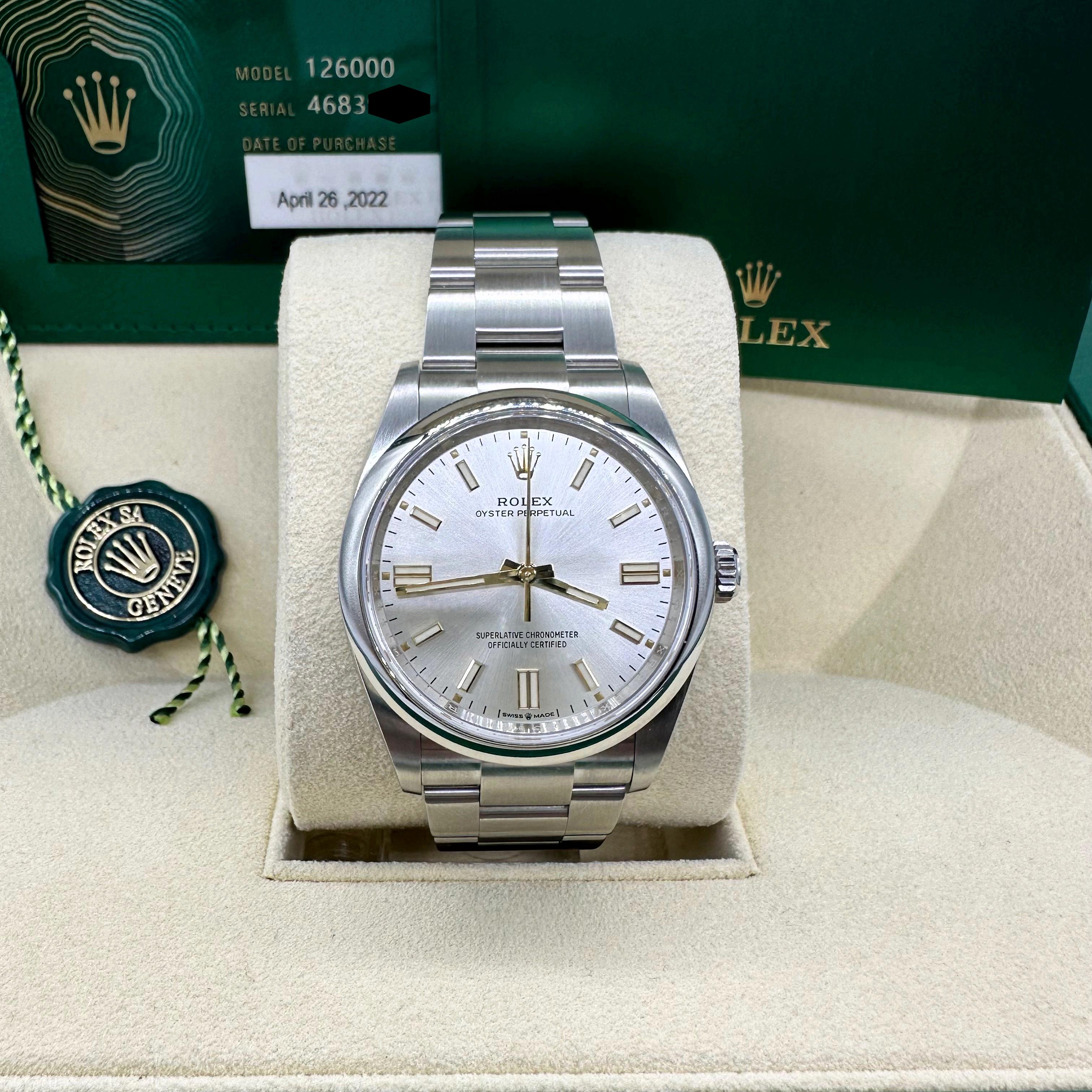 Men's Rolex 126000 Oyster Perpetual Silver Dial Stainless Box paper 2022 36mm For Sale