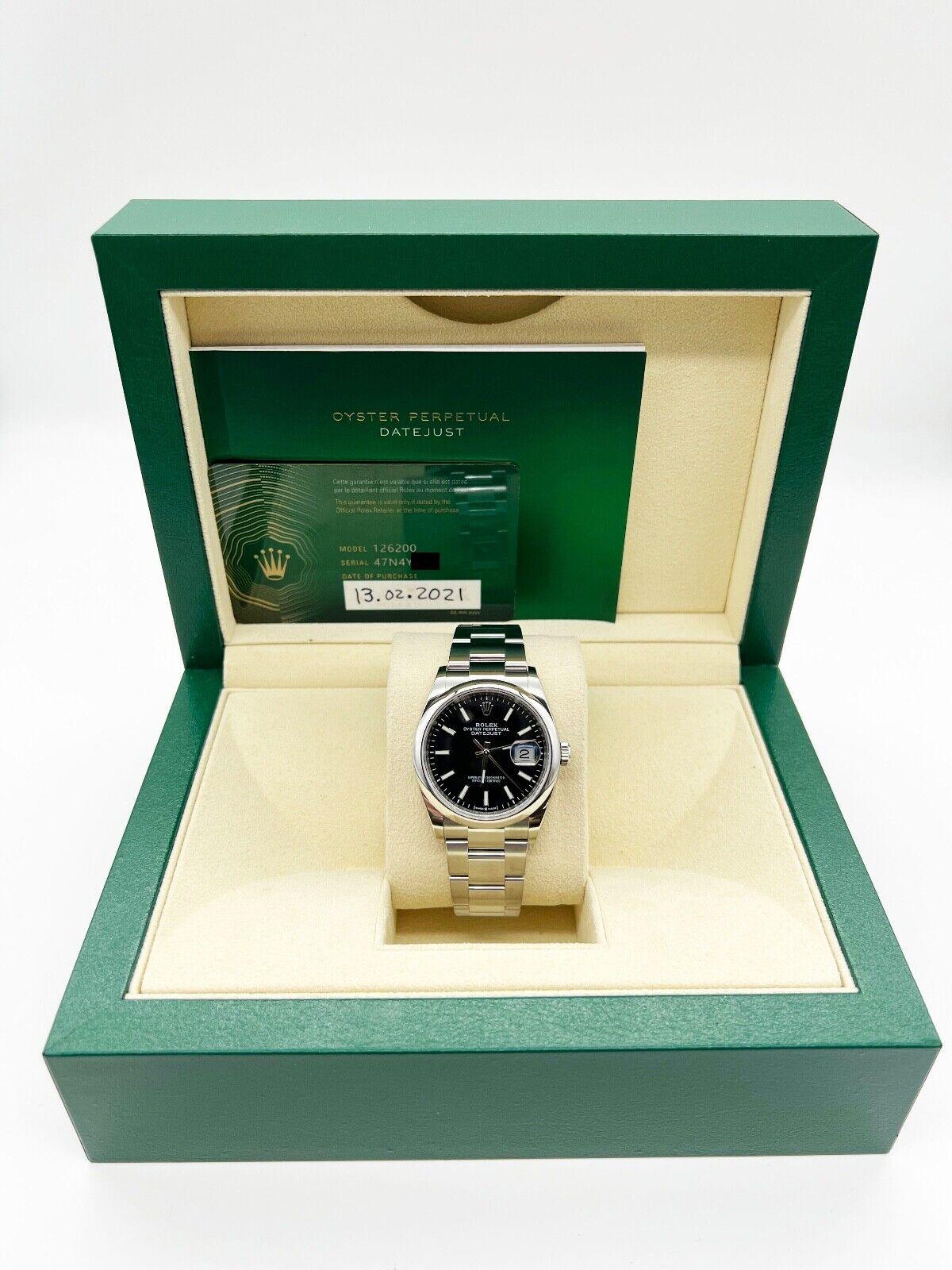 Rolex 126200 Datejust 36mm Schwarzes Zifferblatt Edelstahl Box Papier 2021 für Damen oder Herren