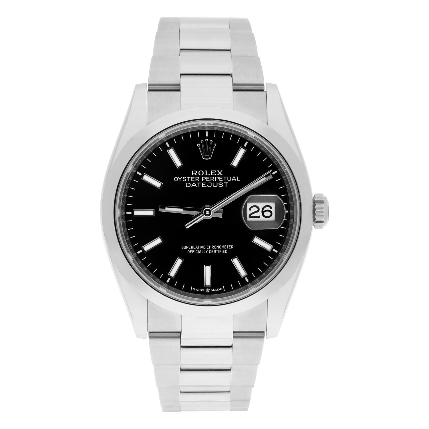 Indulge in the enduring allure of the Rolex 126200 Datejust. This 36mm masterpiece boasts a captivating black index dial paired with the iconic Oyster bracelet, blending sophistication with versatility.

Crafted in 2022, this complete and