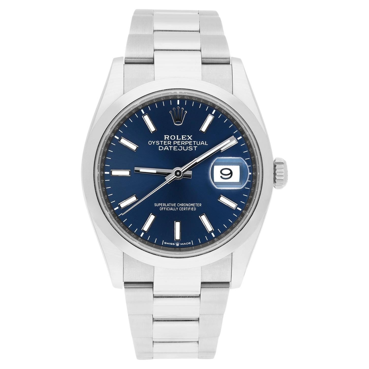 Indulge in the enduring allure of the Rolex 126200 Datejust. This 36mm masterpiece boasts a captivating blue index dial paired with the iconic Oyster bracelet, blending sophistication with versatility.Crafted in 2021, this complete and meticulously