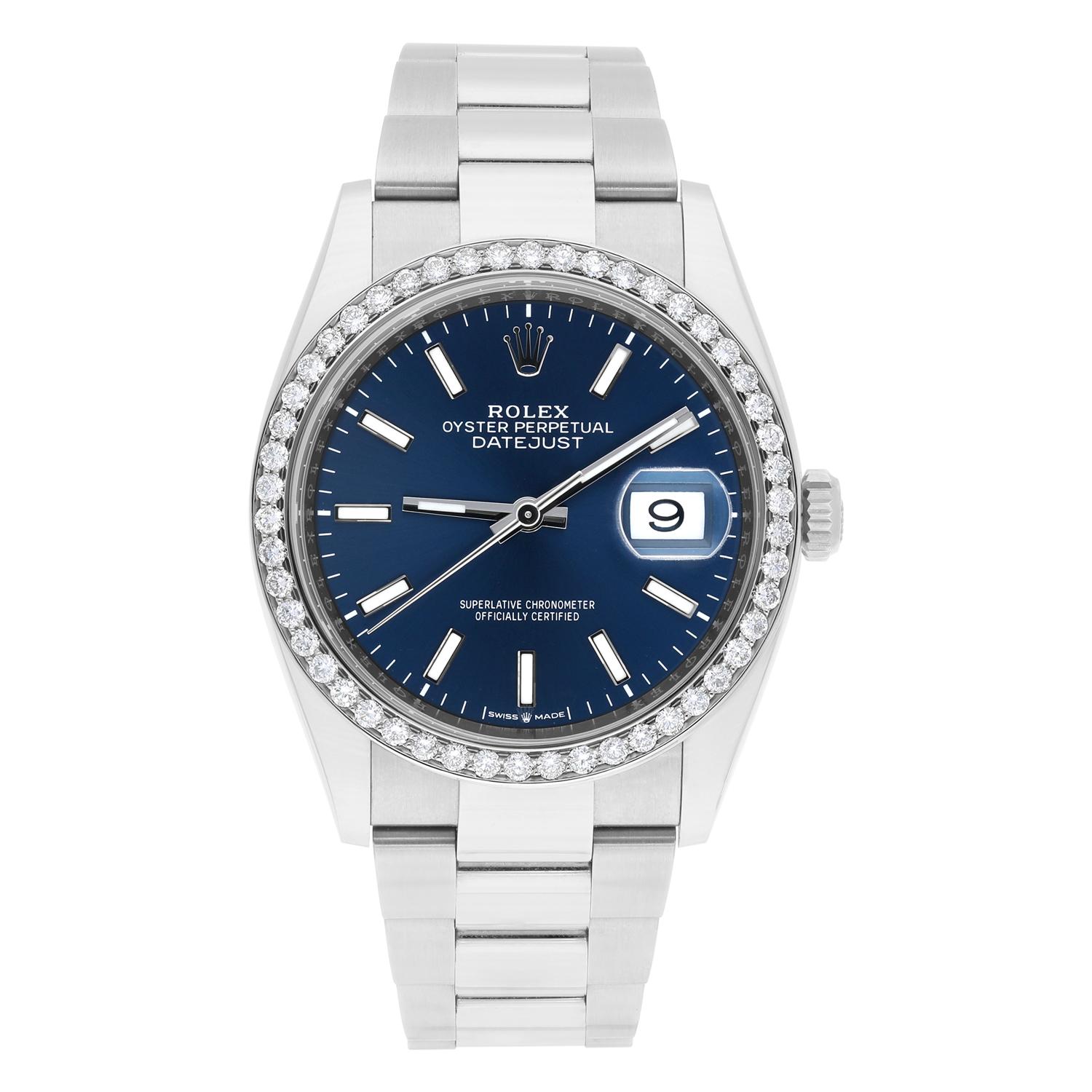 Indulge in the enduring allure of the Rolex 126200 Datejust. This 36mm masterpiece boasts a captivating blue index dial paired with the iconic Oyster bracelet, blending sophistication with versatility. Diamonds are 100% natural added